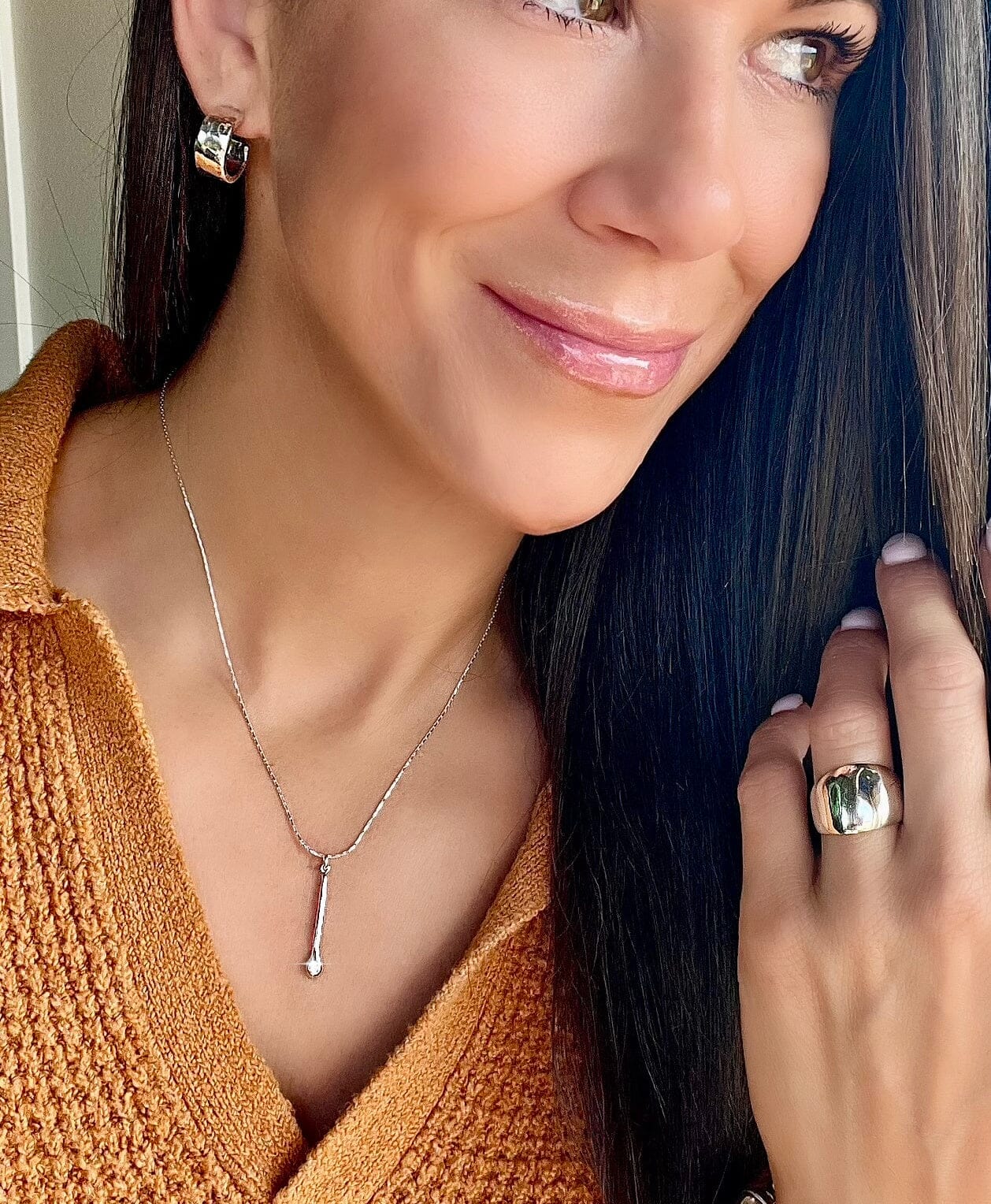Hot Mess Necklace paired with Dust and Silver Earrings and Classic Dome Ring