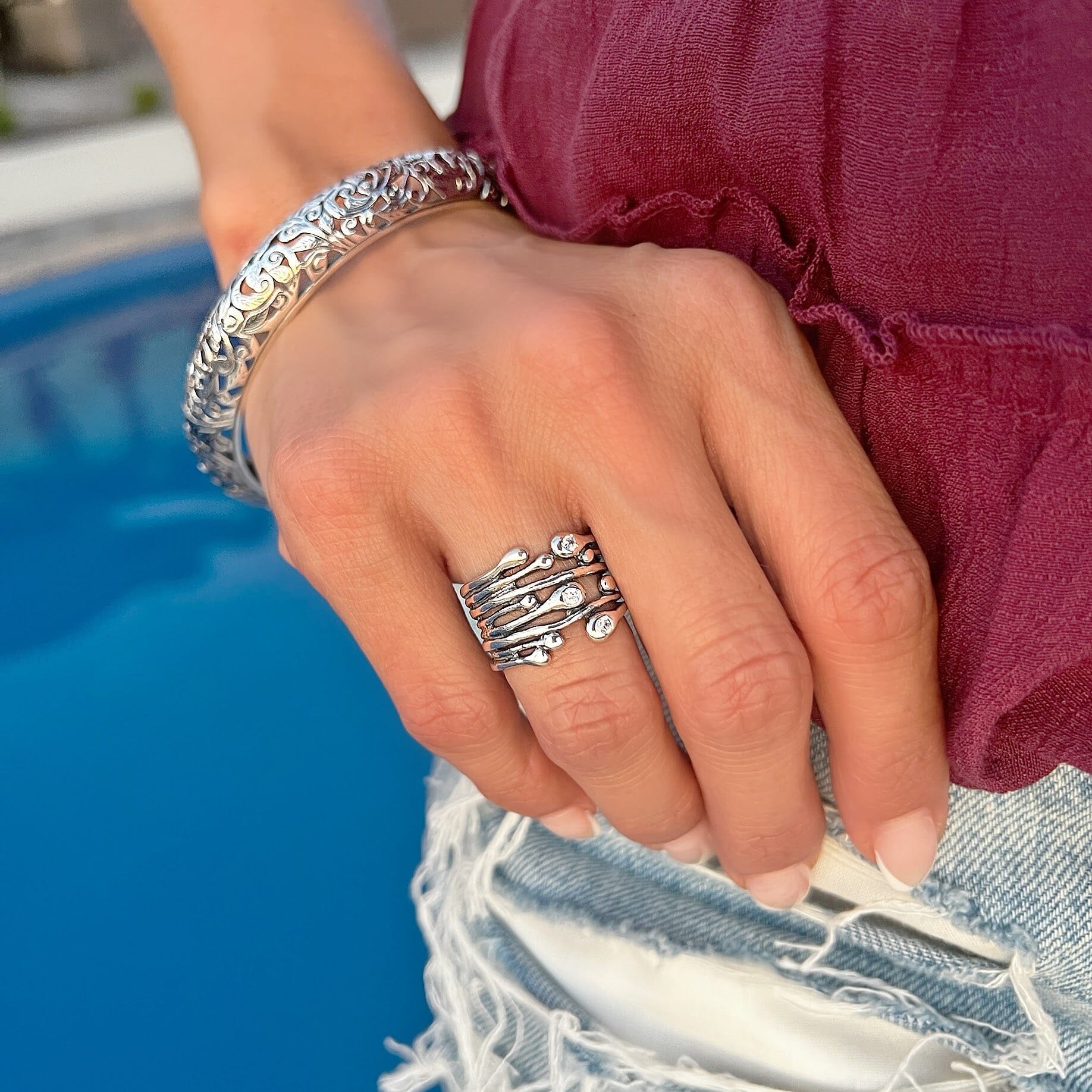 sterling silver organic shape silver ring with clear cz stones