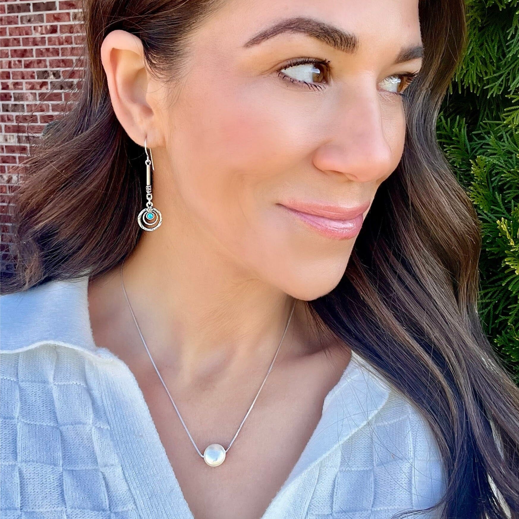 In the Loop earrings paired with Seaside necklace