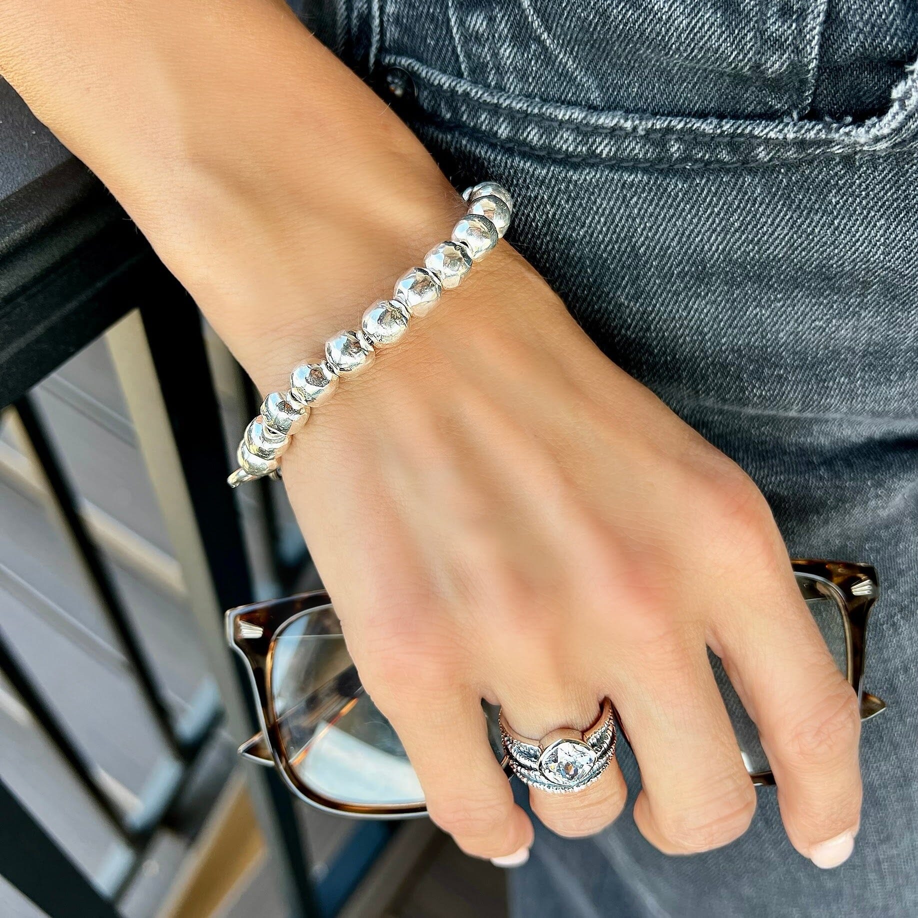 chunky sterling silver hammered bead bracelet - Influencer