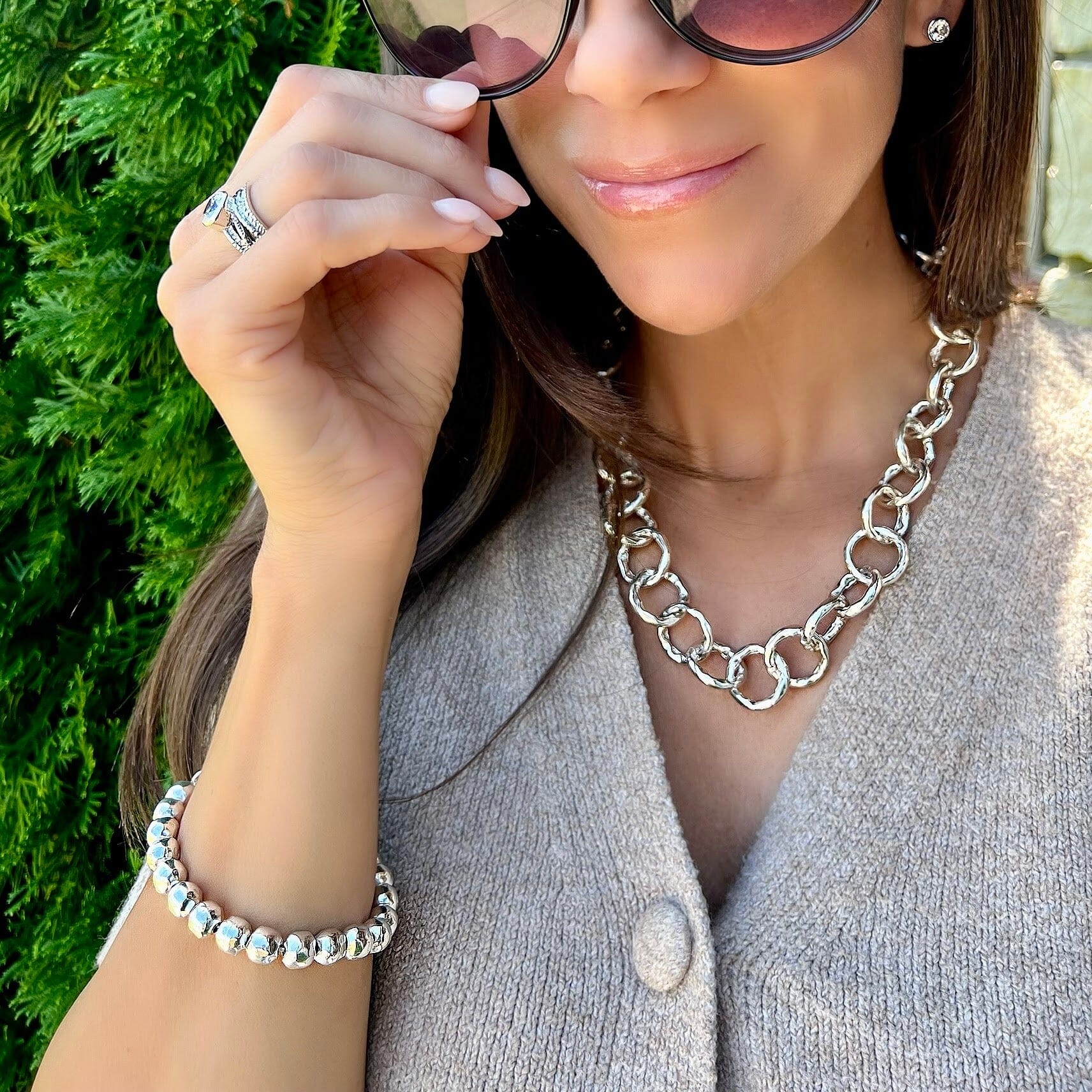 Influencer bracelet paired with today's girl necklace, girls best friend earrings, and hunky-dory ring