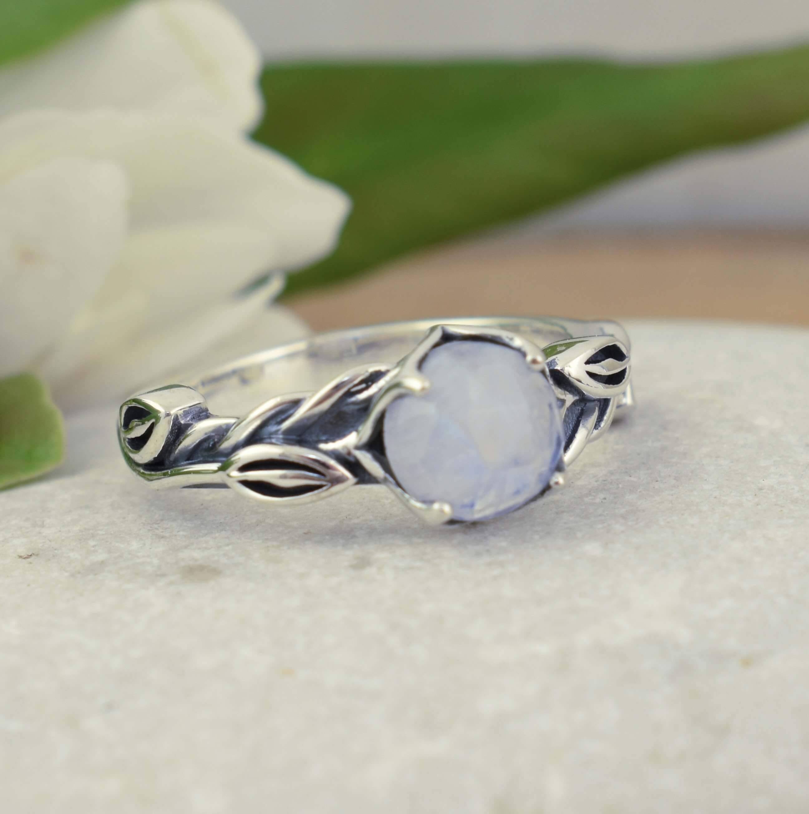 .925 sterling silver ring with vine design band and rainbow moonstone