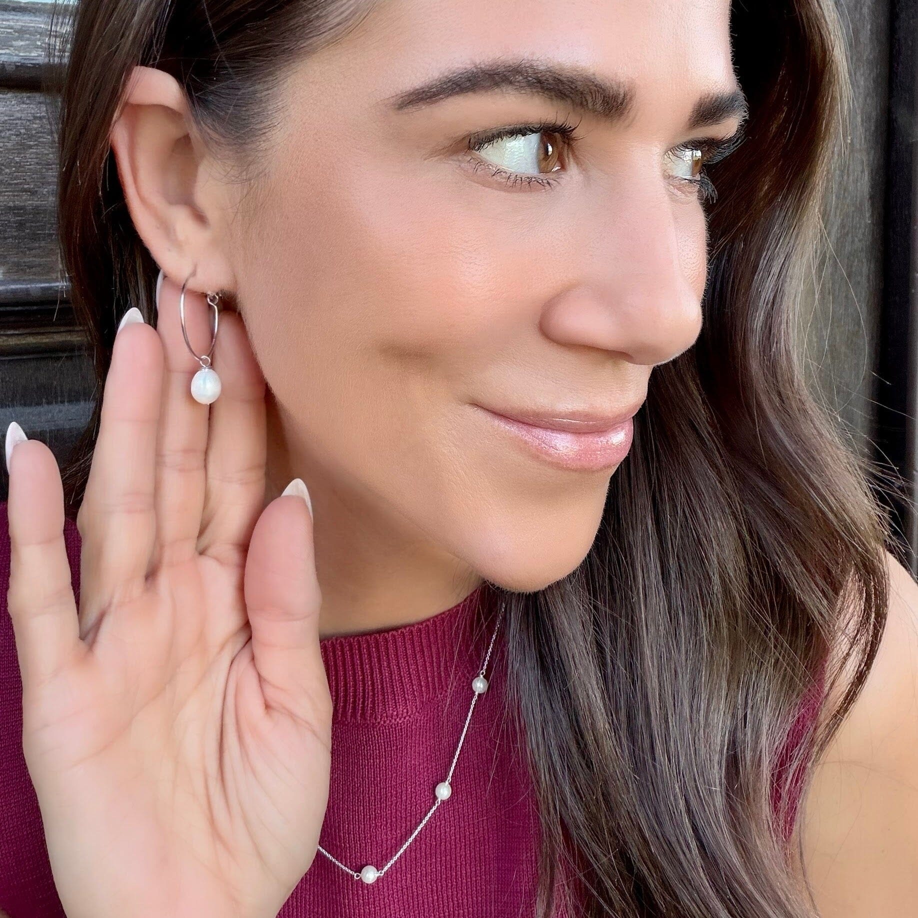 silver hoops with freshwater pearl dangle