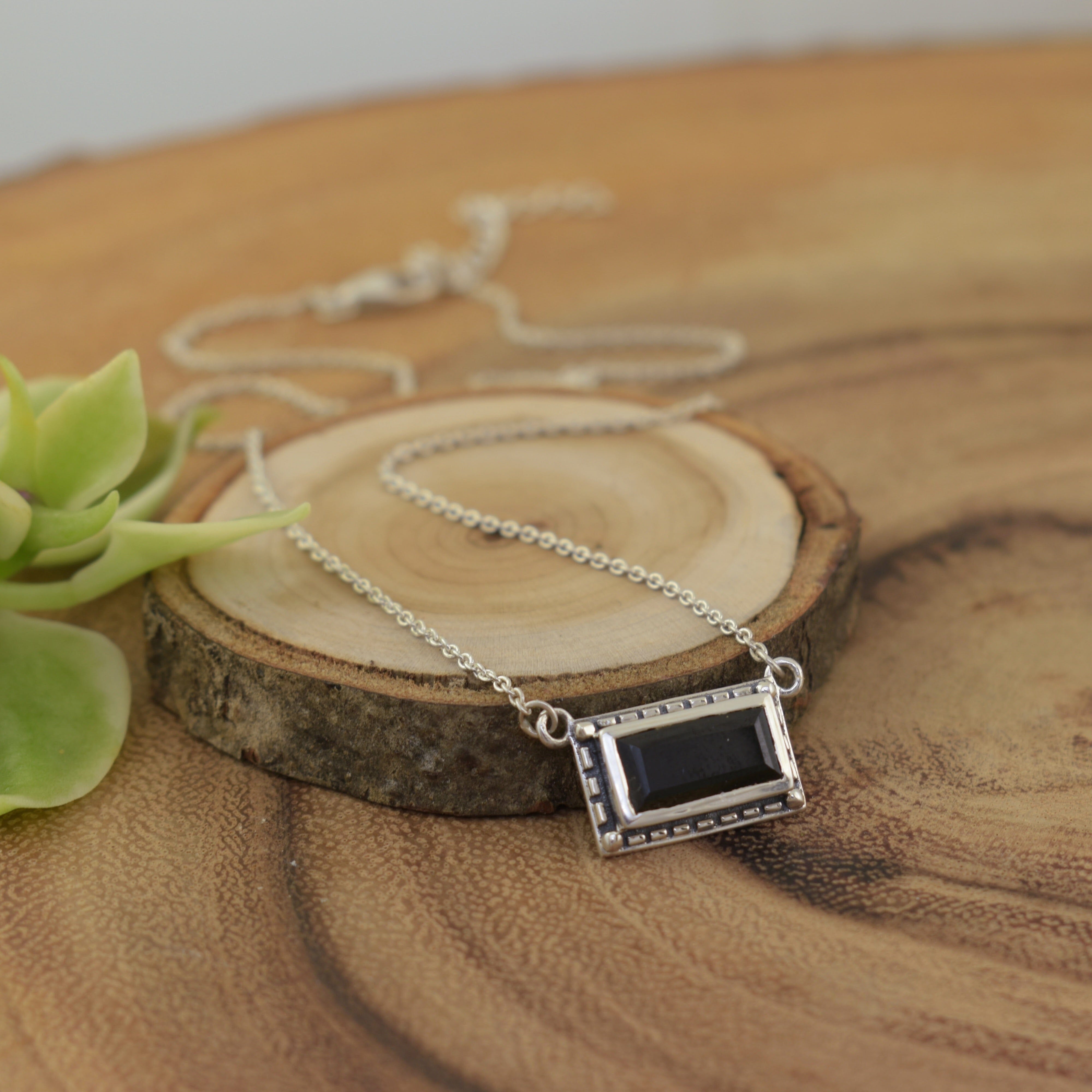 .925 sterling silver bar necklace with black spinel stone