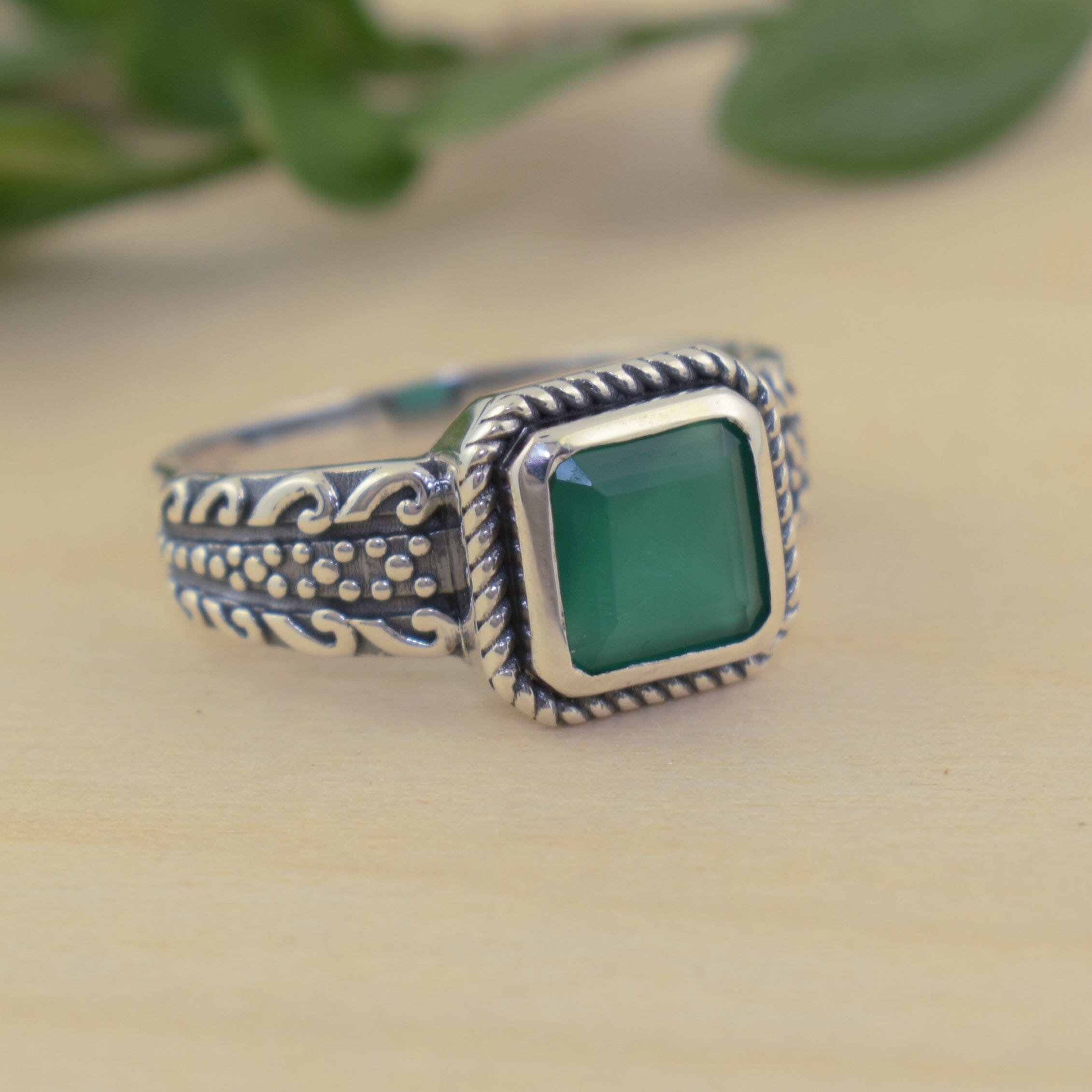 antiqued silver designer ring featuring bezel set green onyx