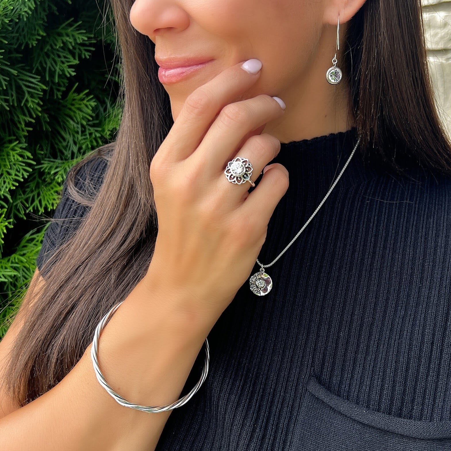 Kickin' dust Bangle paired with Shine Like Silver Earrings, Good Day Sunshine Ring, and Better Half Necklace