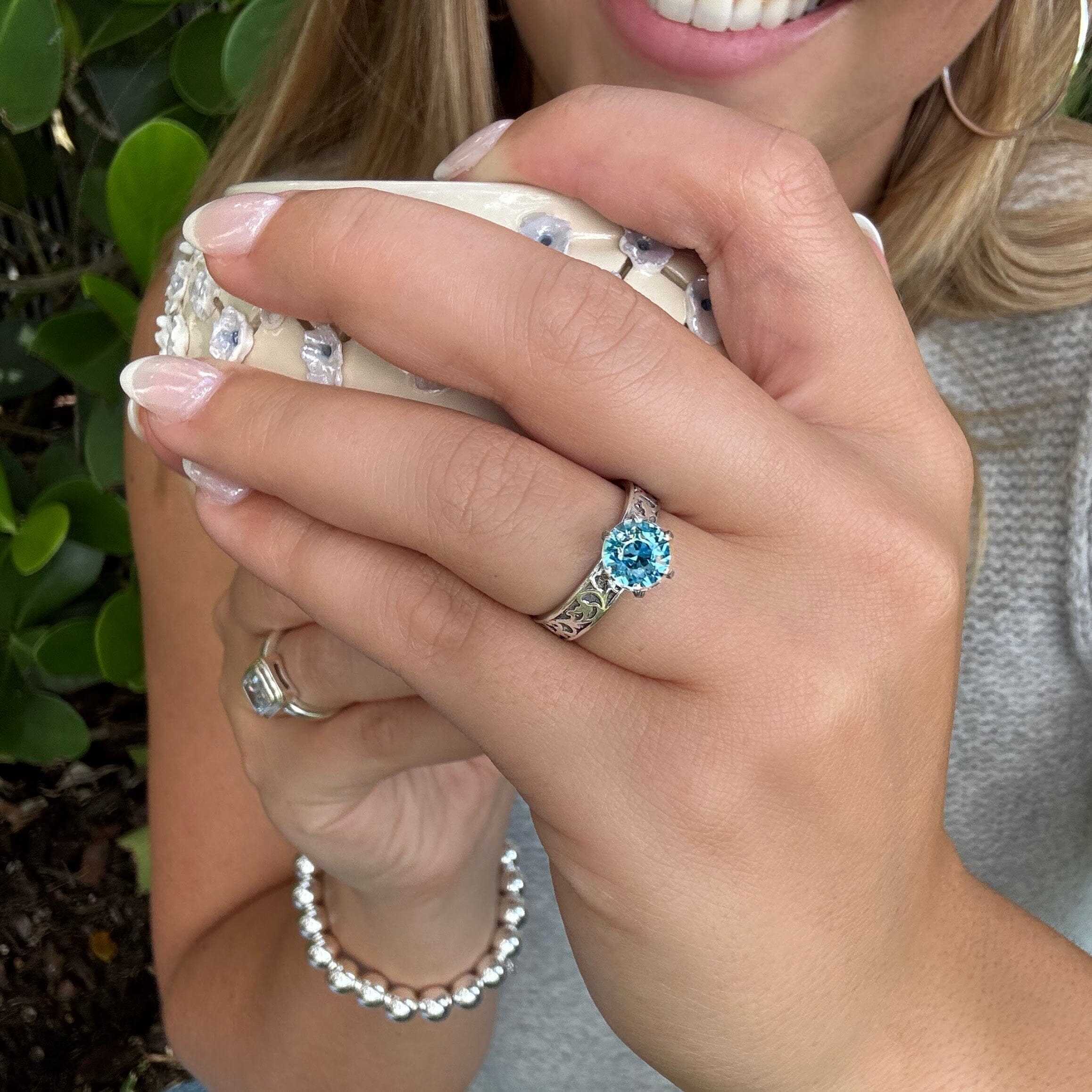 filigree aquamarine cz ring in handcrafted .925 sterling silver