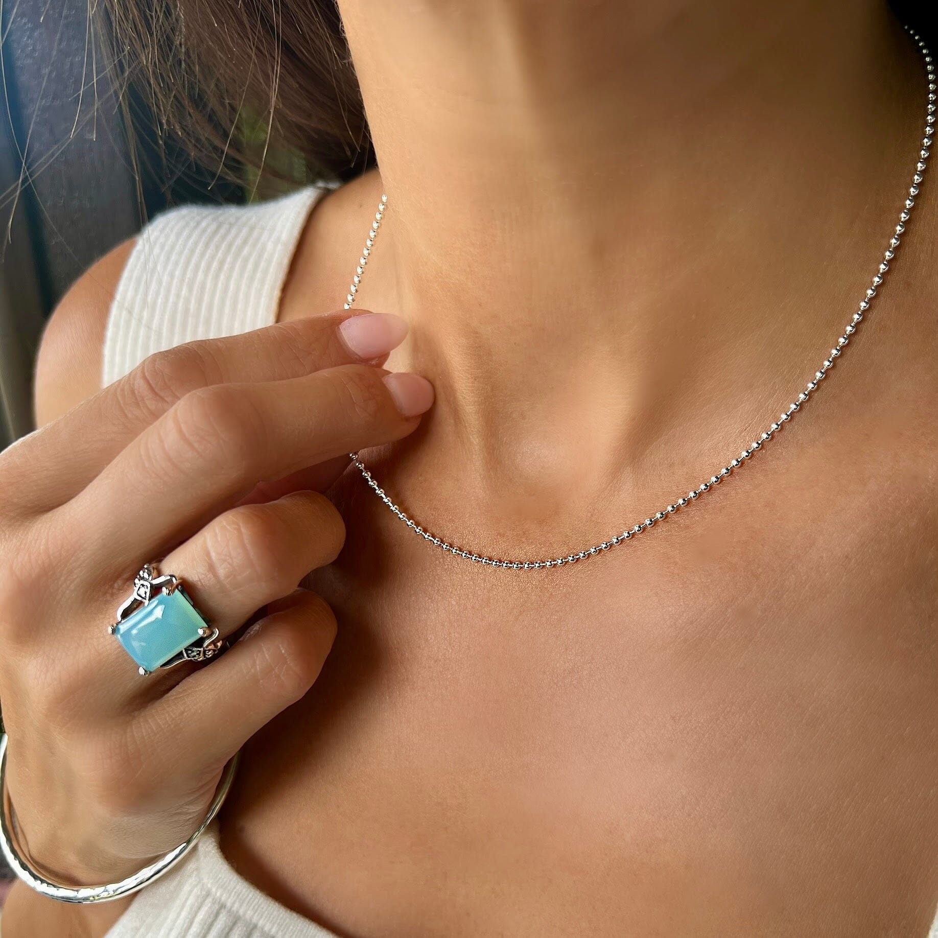sterling silver large bead necklace chain paired with Spring Break ring and my-go-to bangle