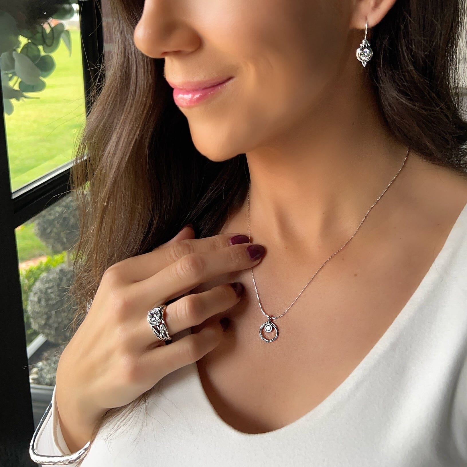 Let it Shine Necklace paired with She Shines Earrings, Garden Glow Ring and Squared-Up Bangle