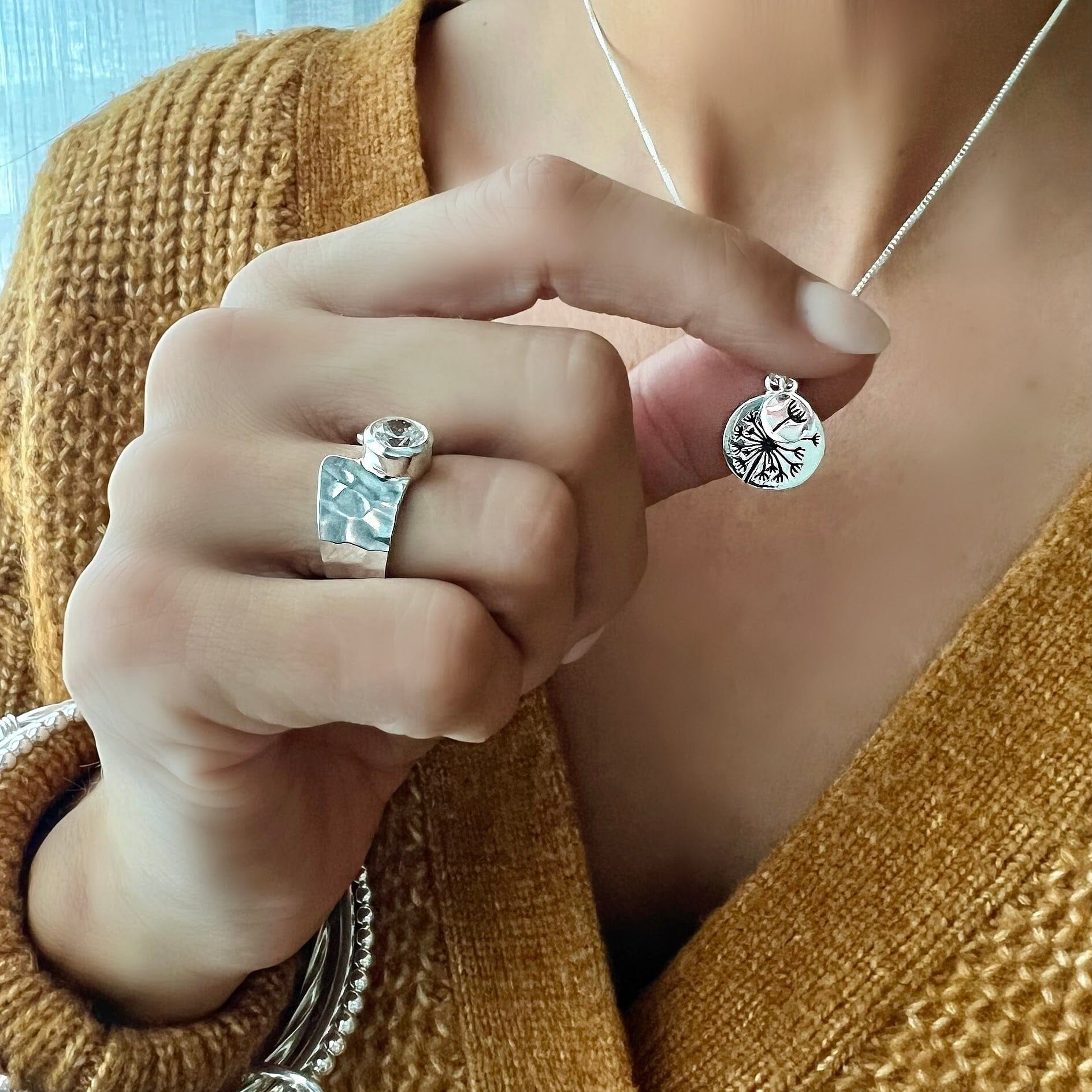 Sterling silver high polished Necklace paired with modern posh ring