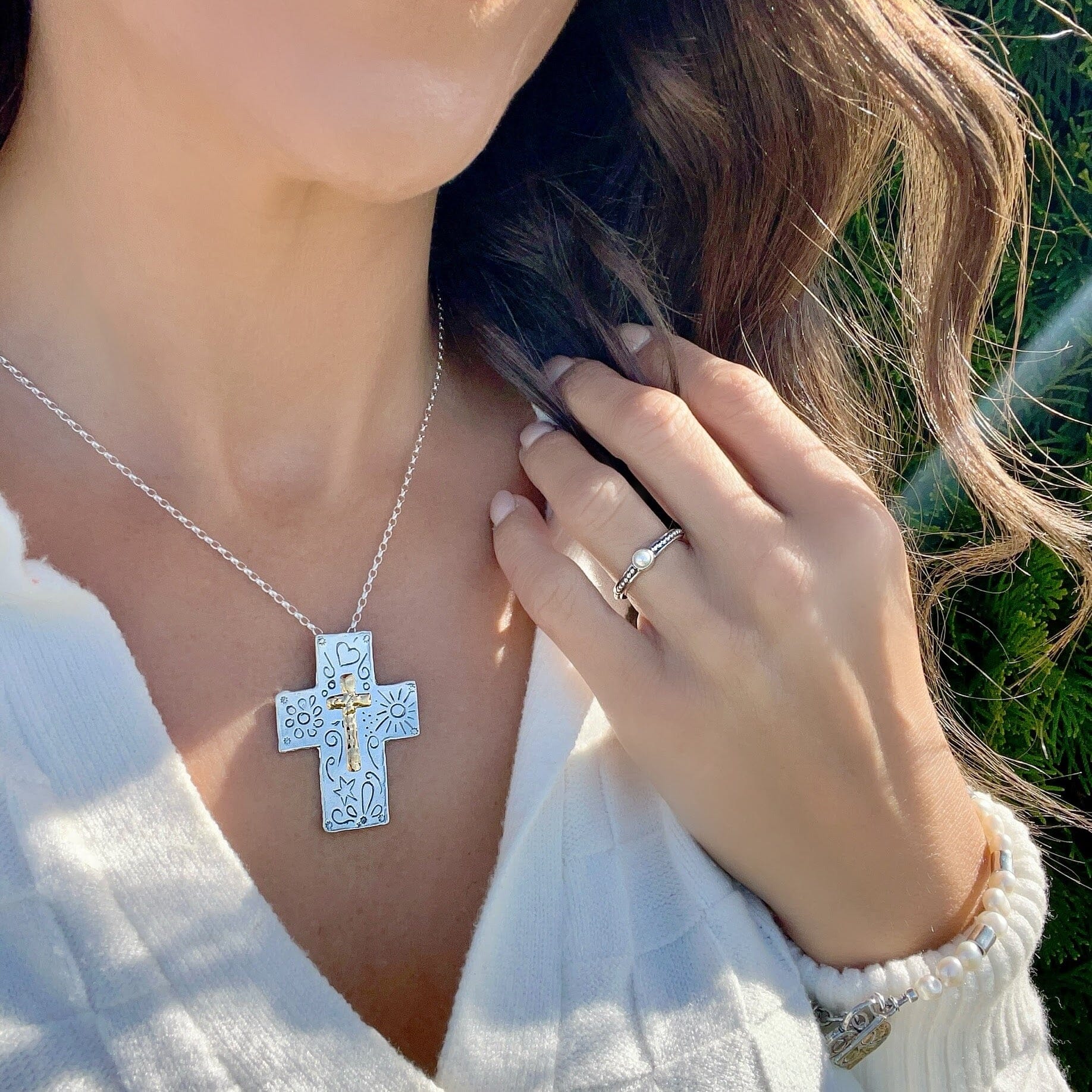 Life in Abundance Necklace paired with Beaded Pearl Ring, and Poetic Pearl Bracelet