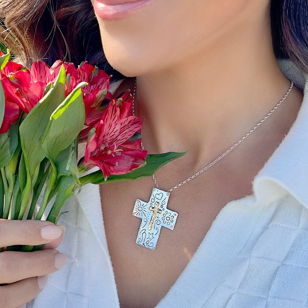 two-toned christian cross necklace