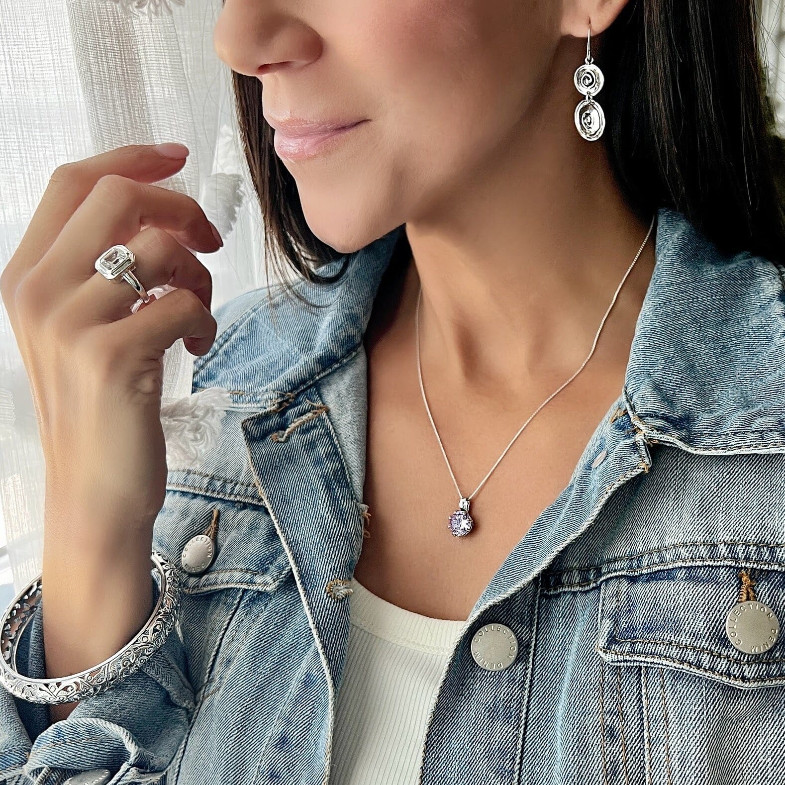 Lilac It Like That Necklace paired with It Takes Two Earrings, Tiffany Ring, and Sterling Vineyard Bangle