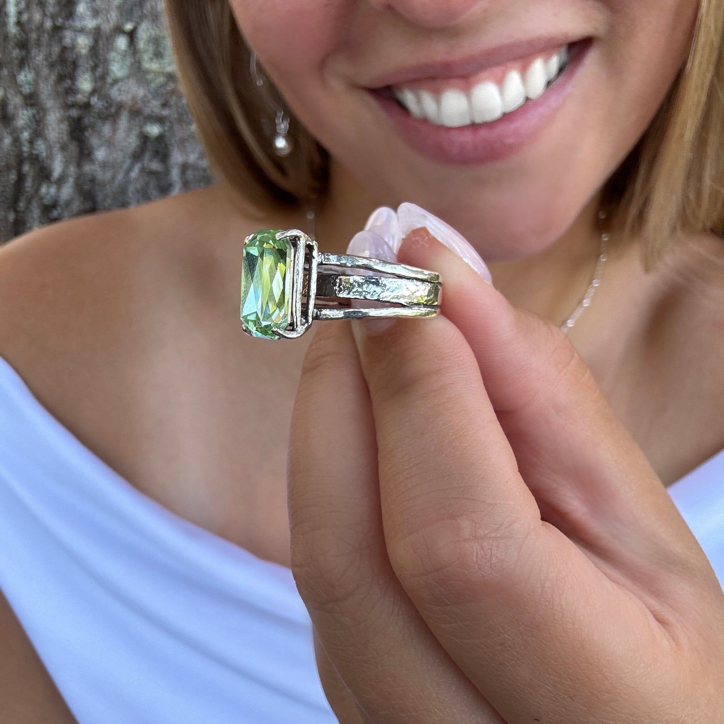 lime green stone paired with a hammered handcrafted band