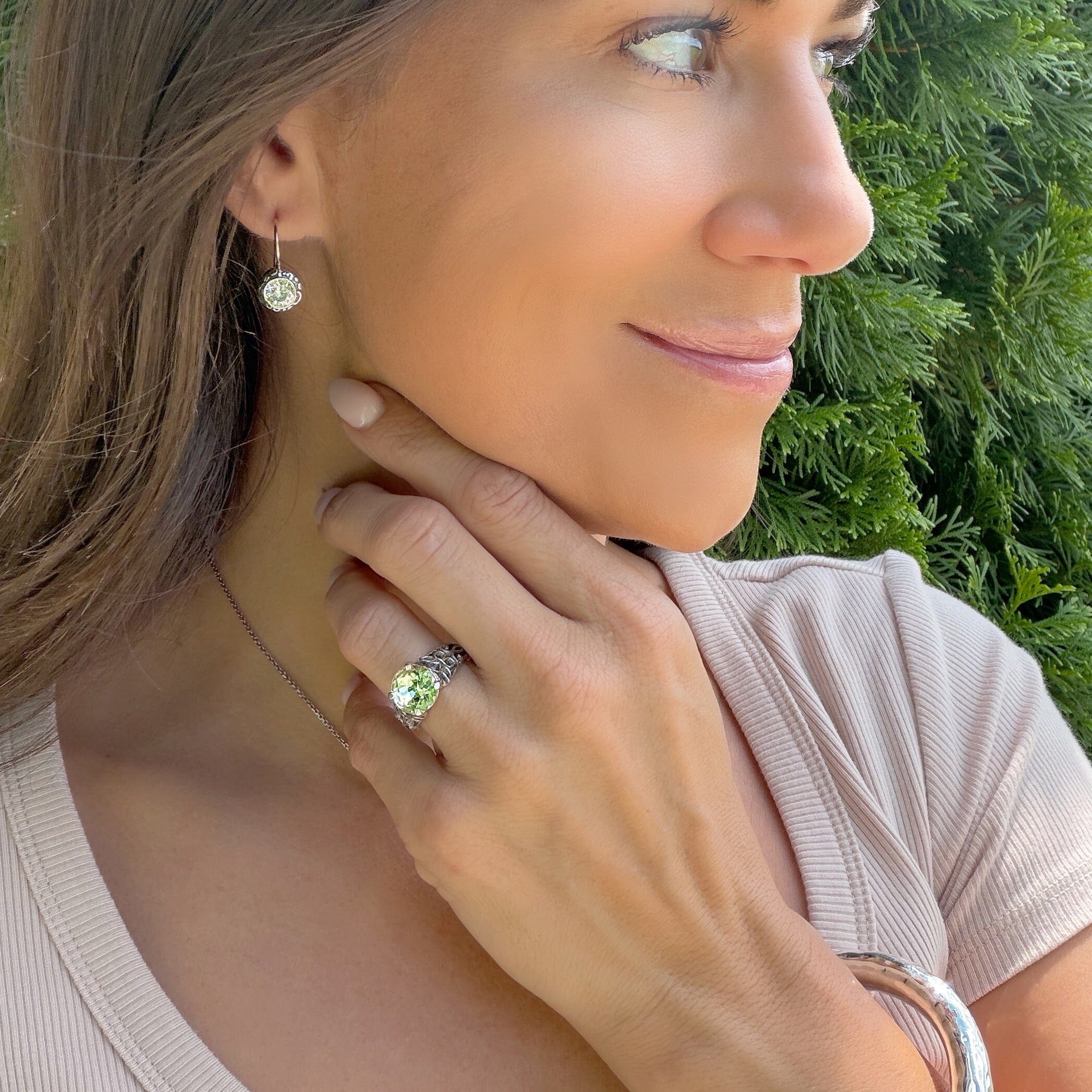 prong-set green crystal ring in sterling silver
