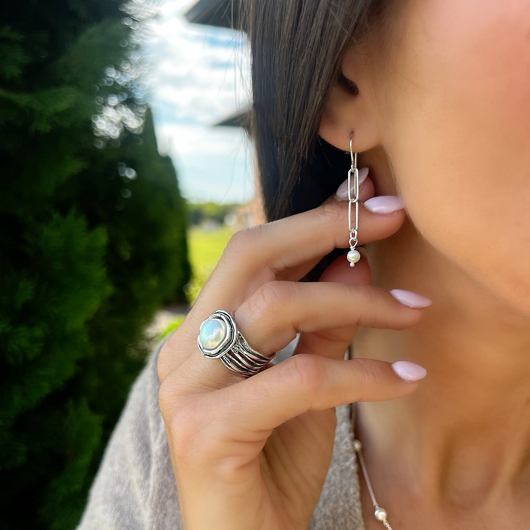 sterling silver paperclip earrings with a pearl