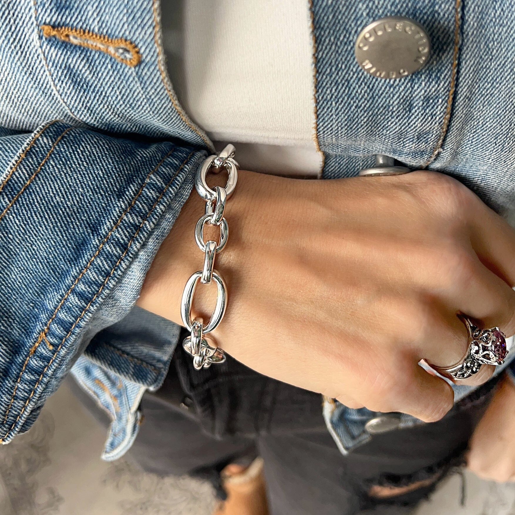 large silver oval link bracelet