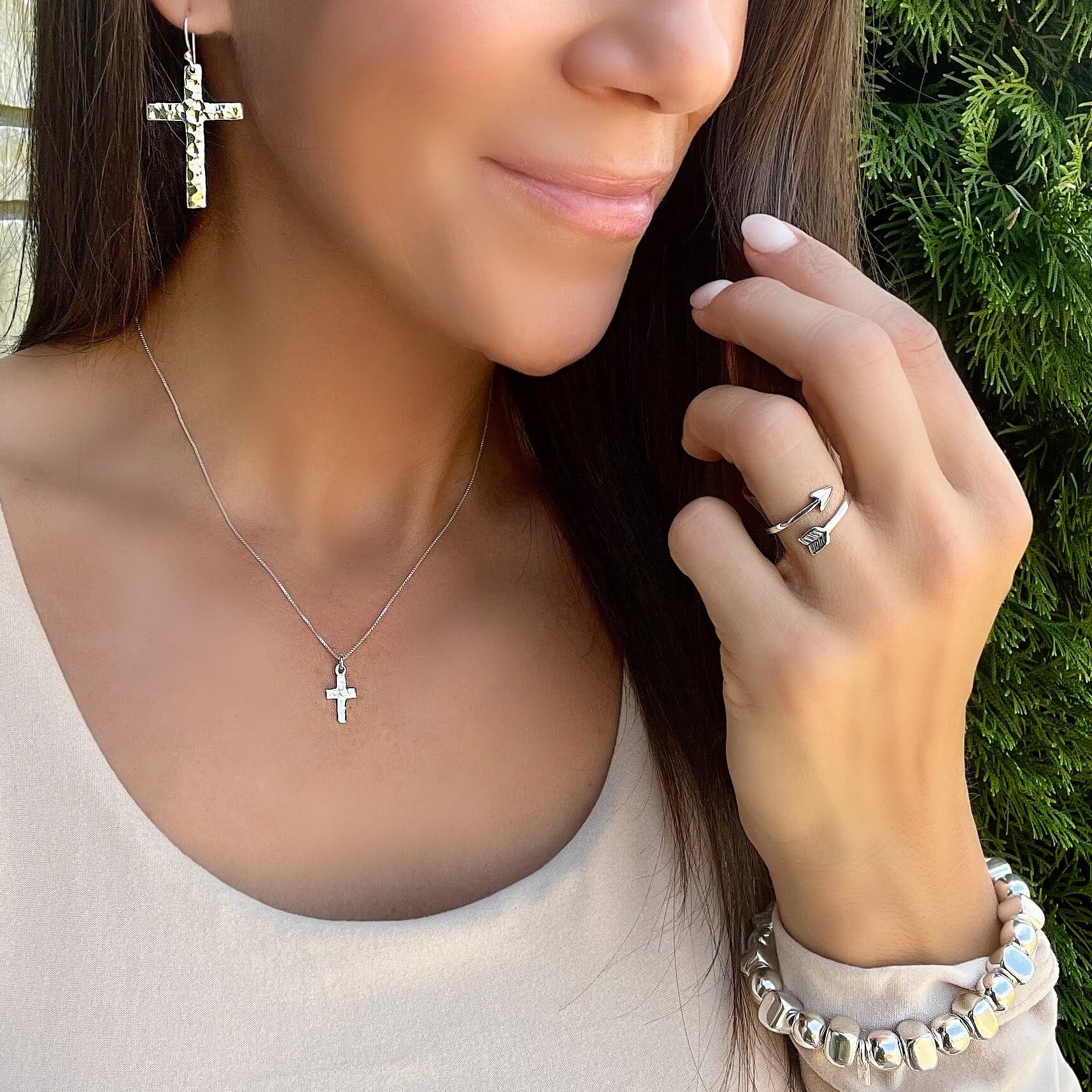 Lit'l arrows ring paired with roundabout bracelet, cherished one earring and the vine necklace