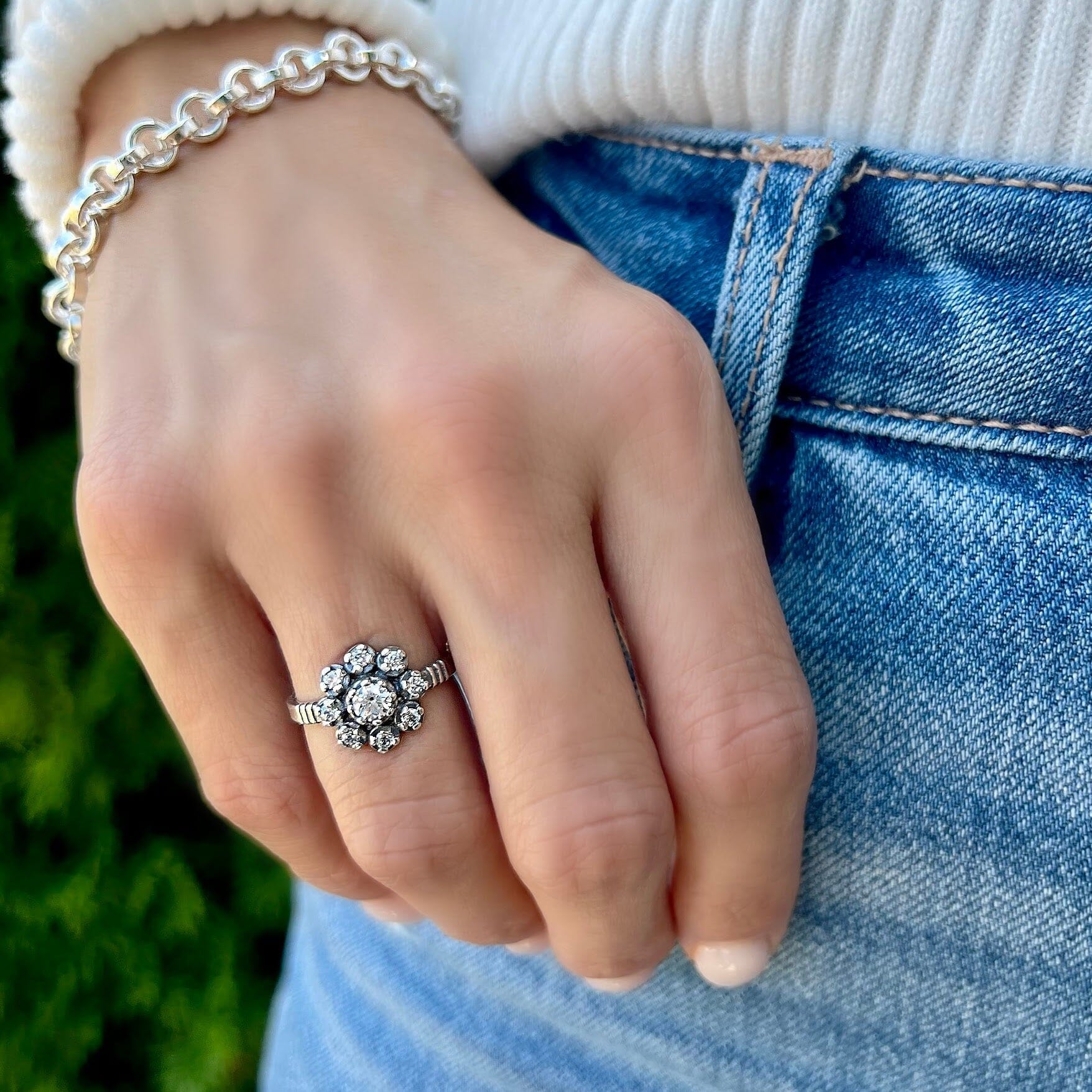 Sterling silver clear CZ stone ring in the shape of a flower