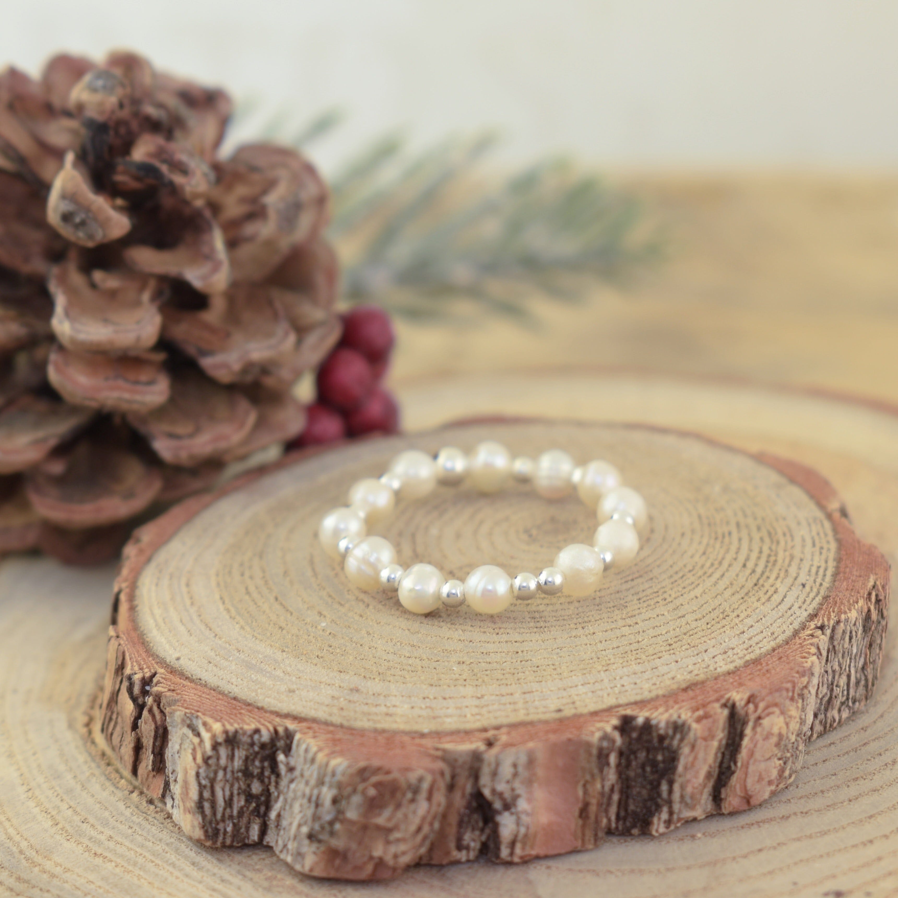 stretch pearl and silver ring