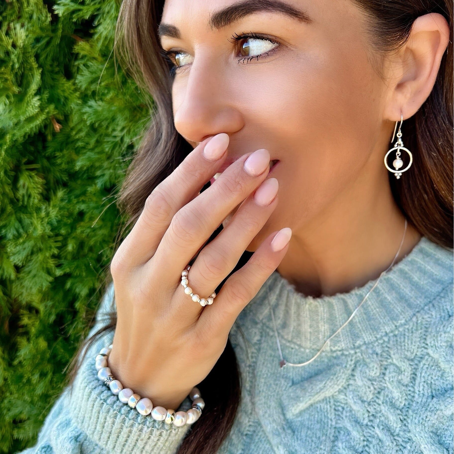 Little Miss Pearlie Ring paired with sterling silver and freshwater pearl jewelry