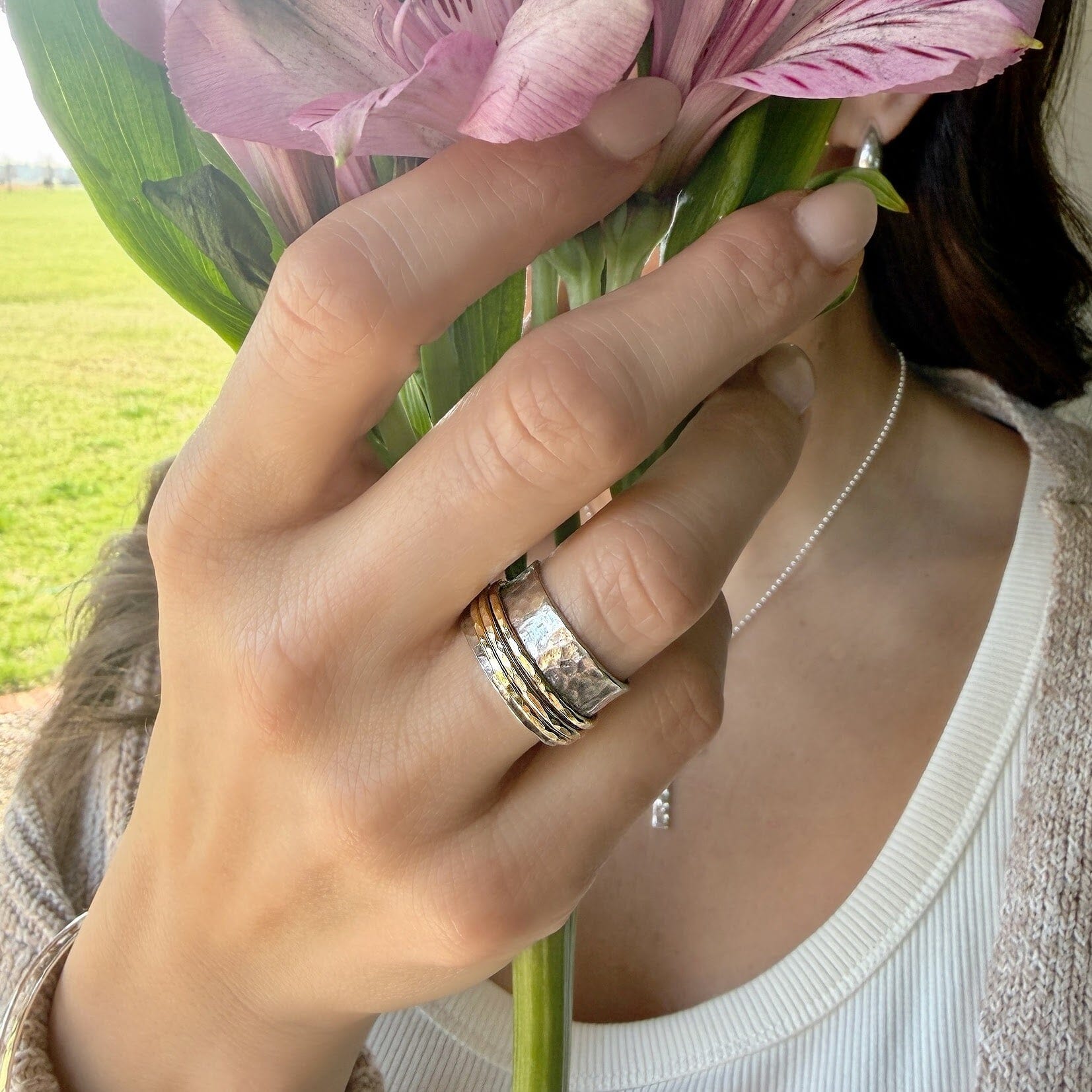 Little Primitive Ring with a wide hammered band