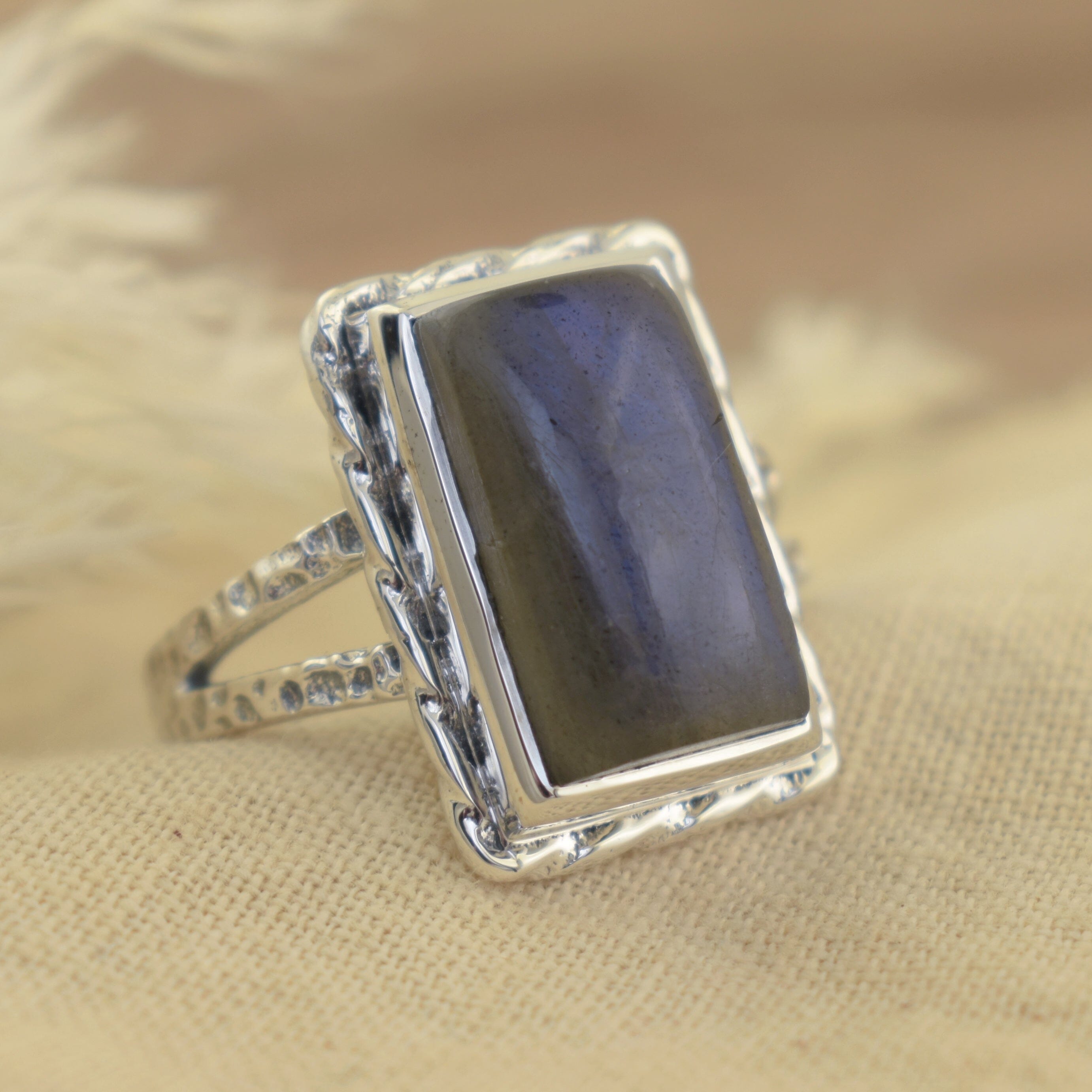 Antiqued sterling silver ring with Labradorite stone