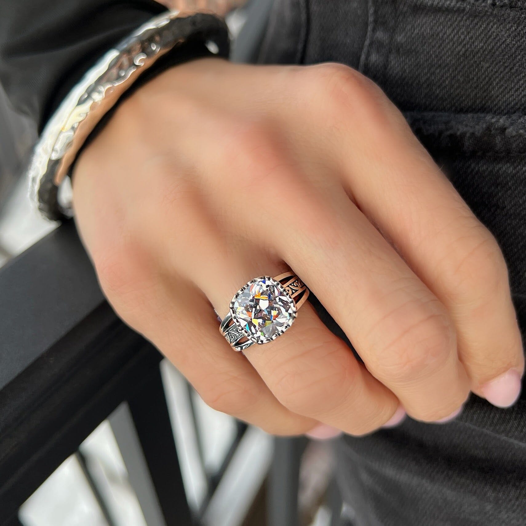 sterling silver ring princess cut CZ stone with a designed band