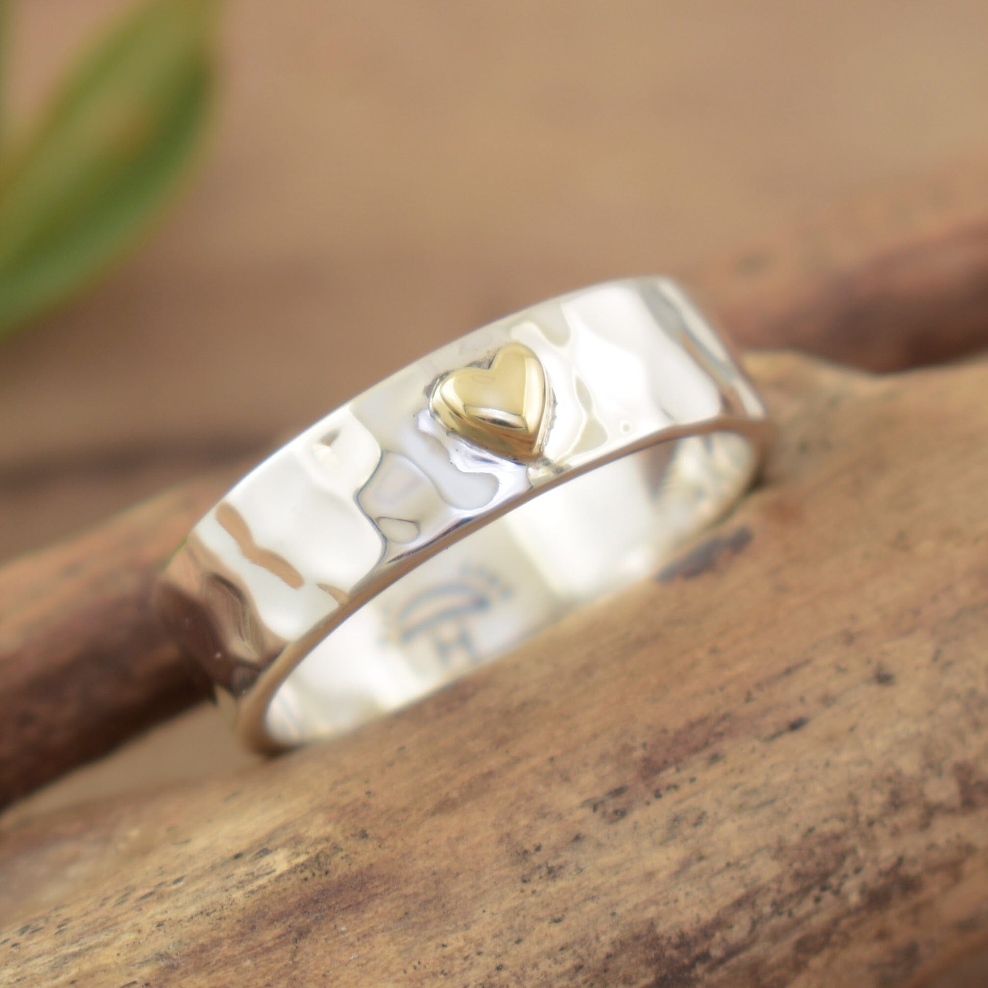 Sterling silver hammered ring with brass plating