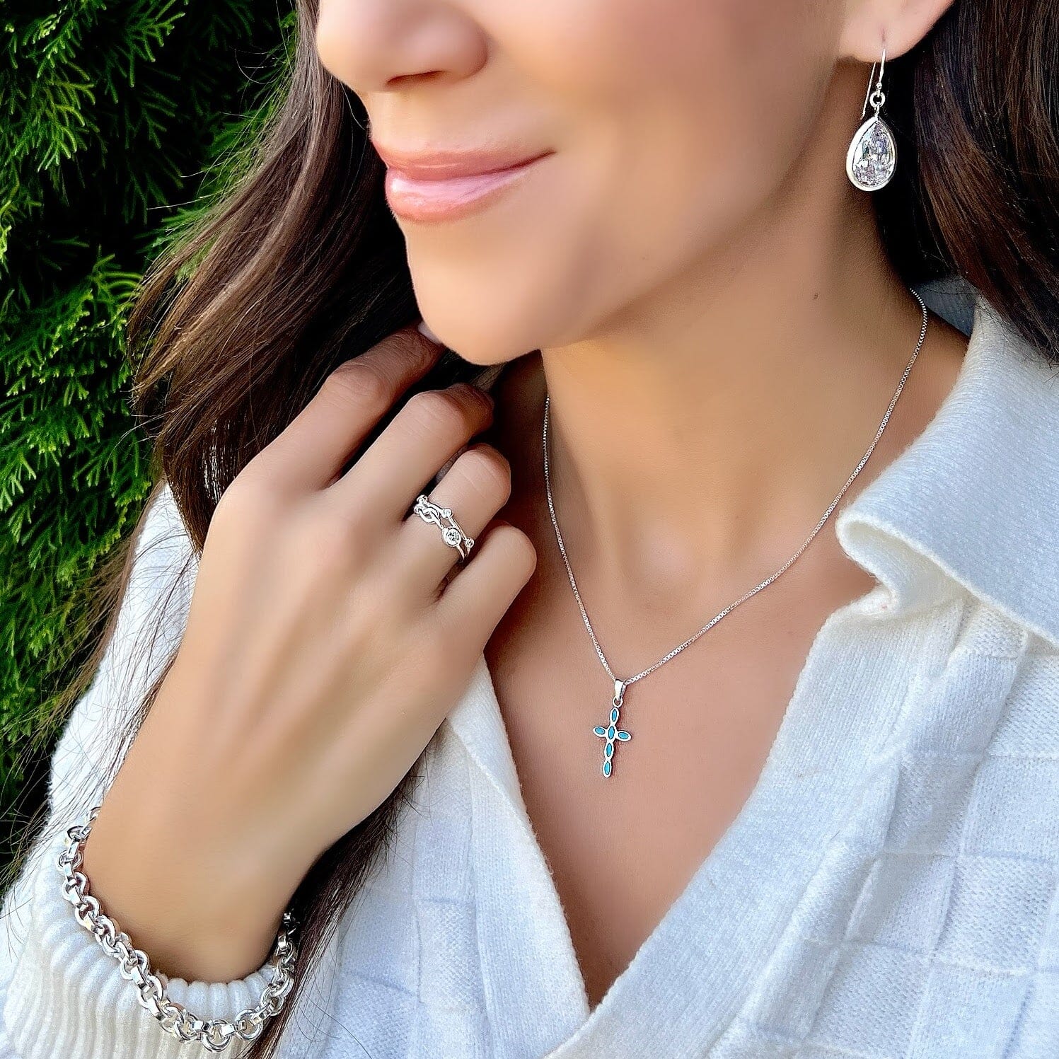 Mesa Blue Necklace paired with Lavish Tears Earrings, My Knot Ring, and Bonita Bracelet