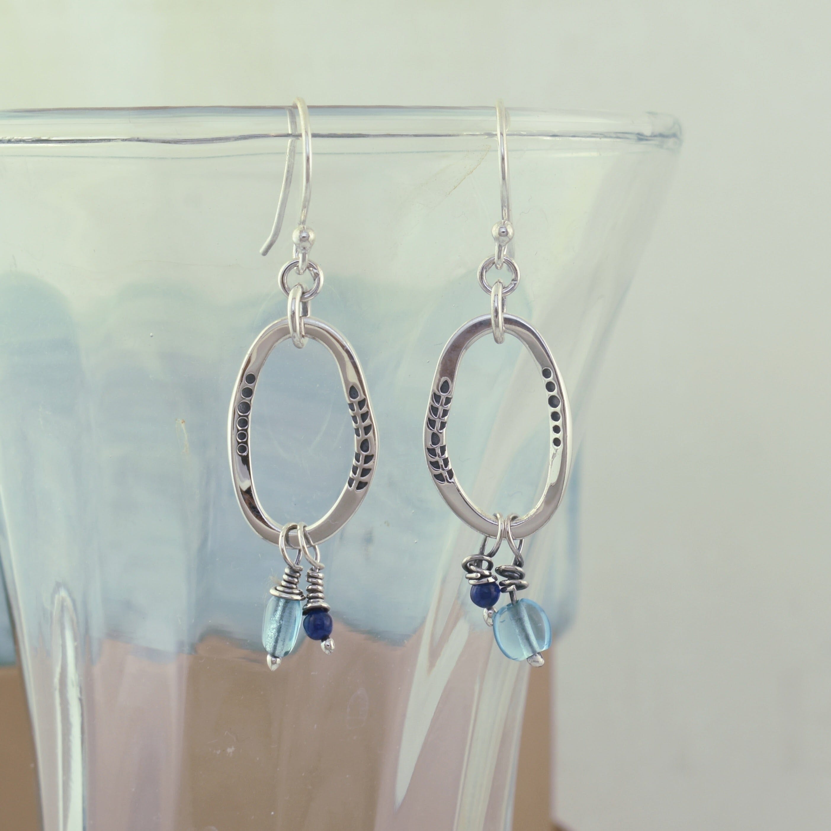 Sterling silver earrings with jade and glass dangling beads