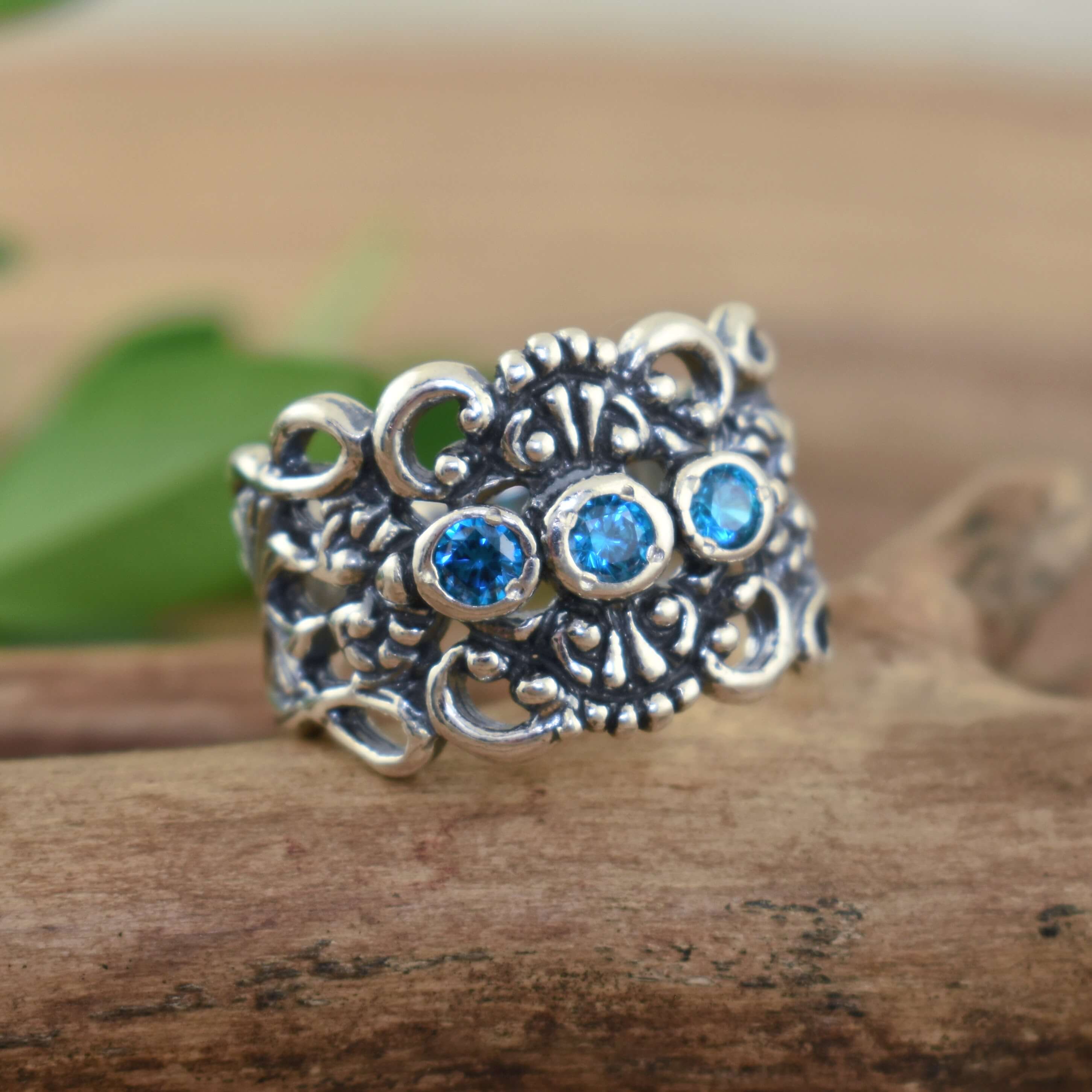 Blue stone ring set in antiqued sterling silver