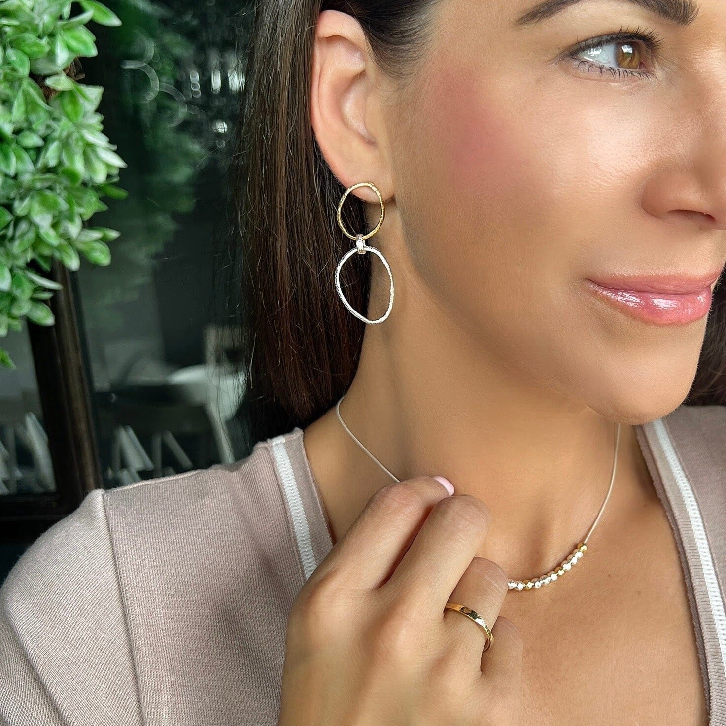 push-back post double loop earrings with a two-toned finish