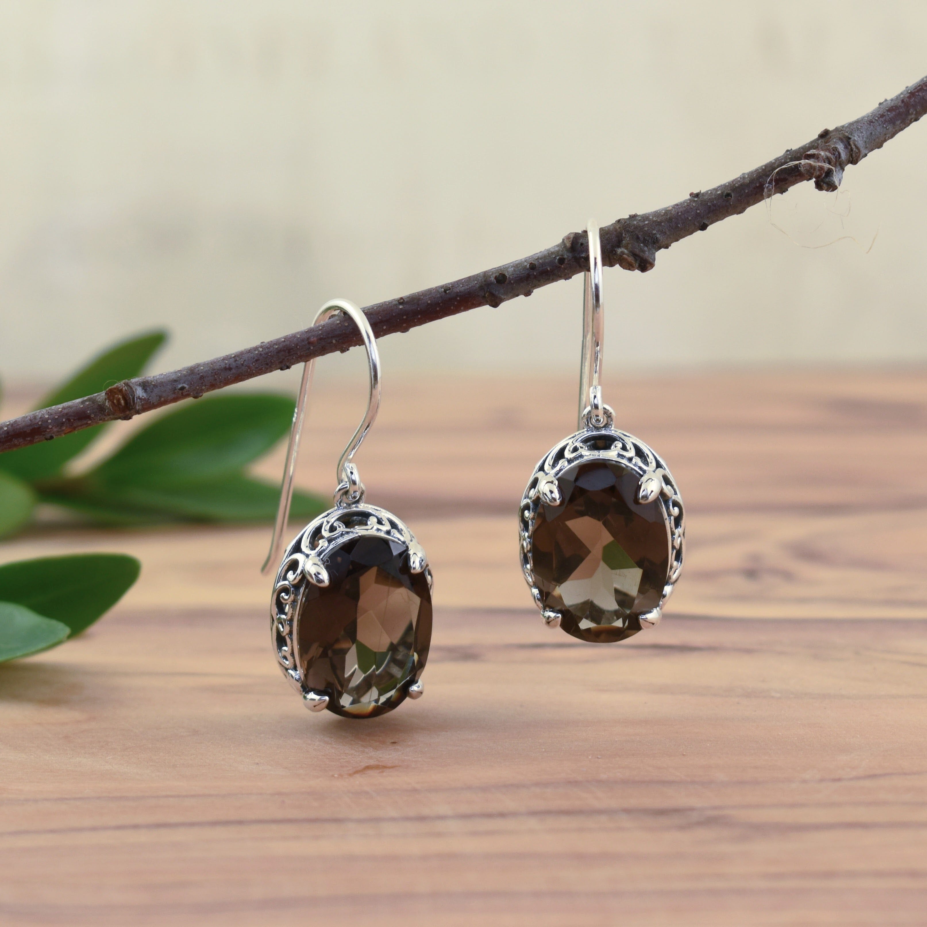 Oval shaped smokey brown quartz earrings