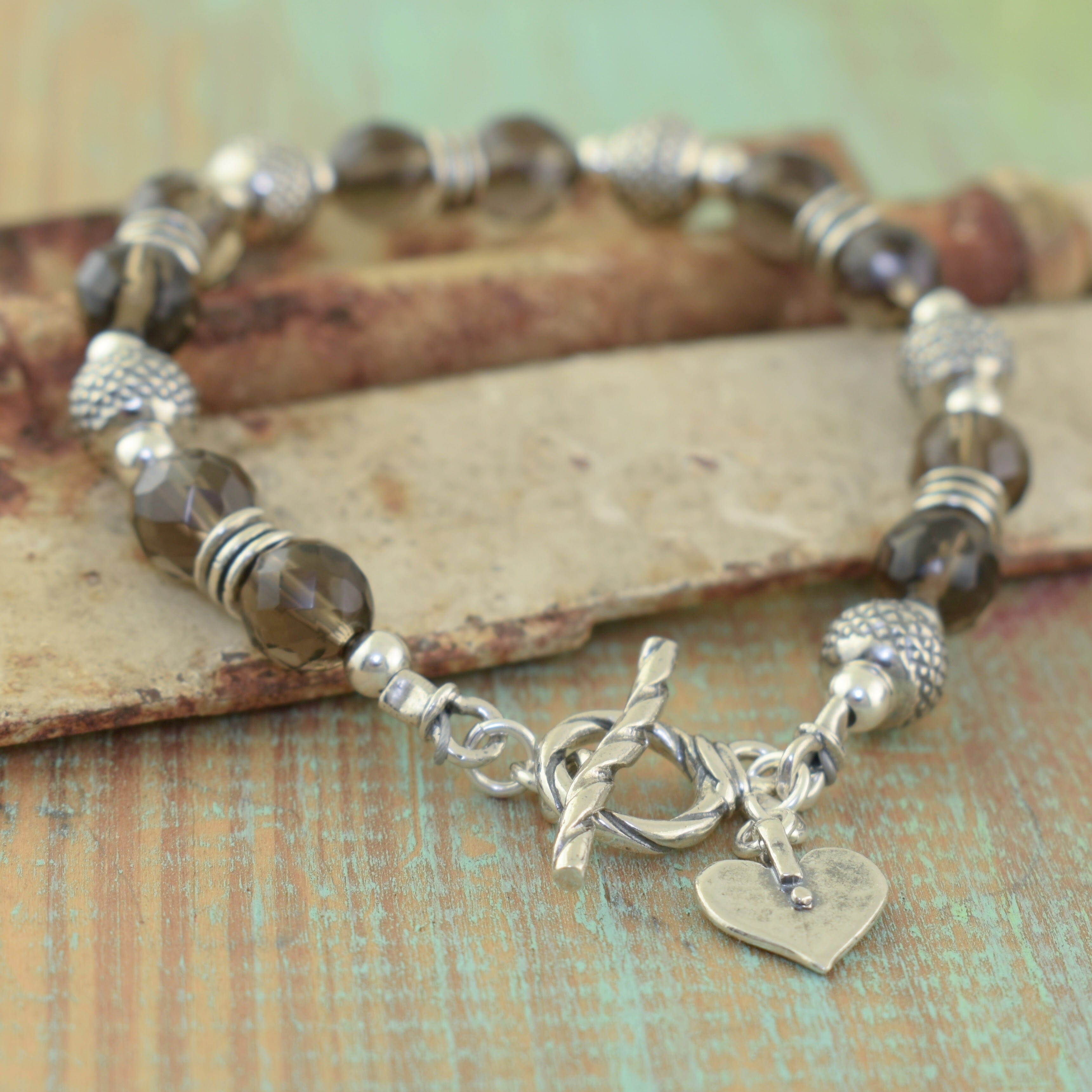 Smokey quarts bracelet with silver charms and toggle