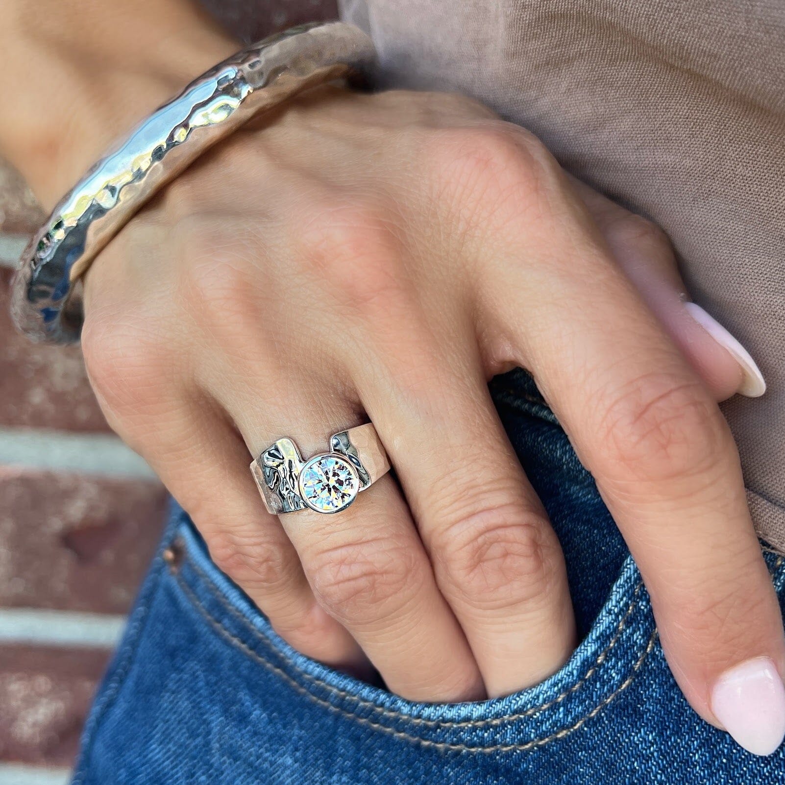 unique cz ring with a hammered finish