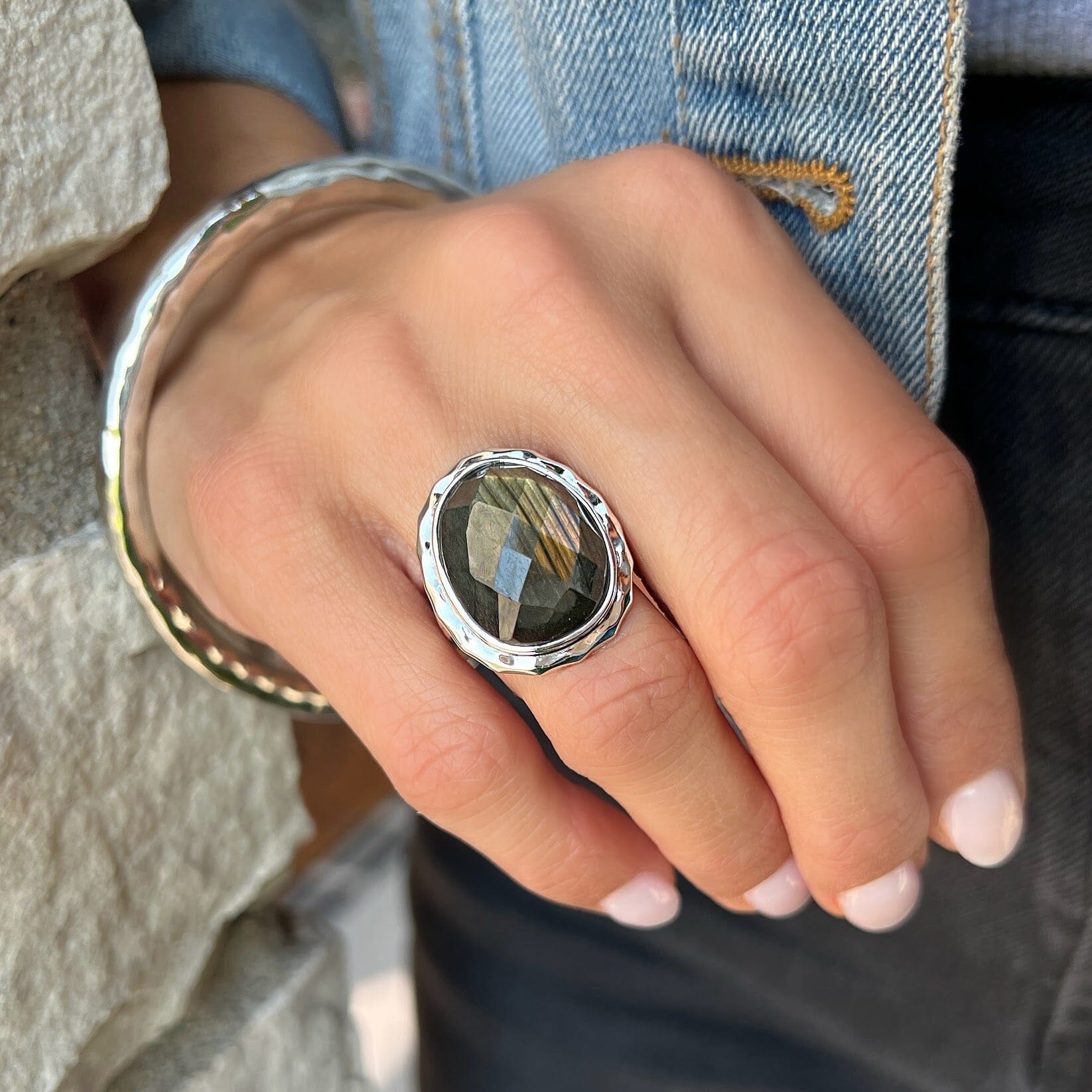 faceted labradorite stone bezel set in sterling silver ring