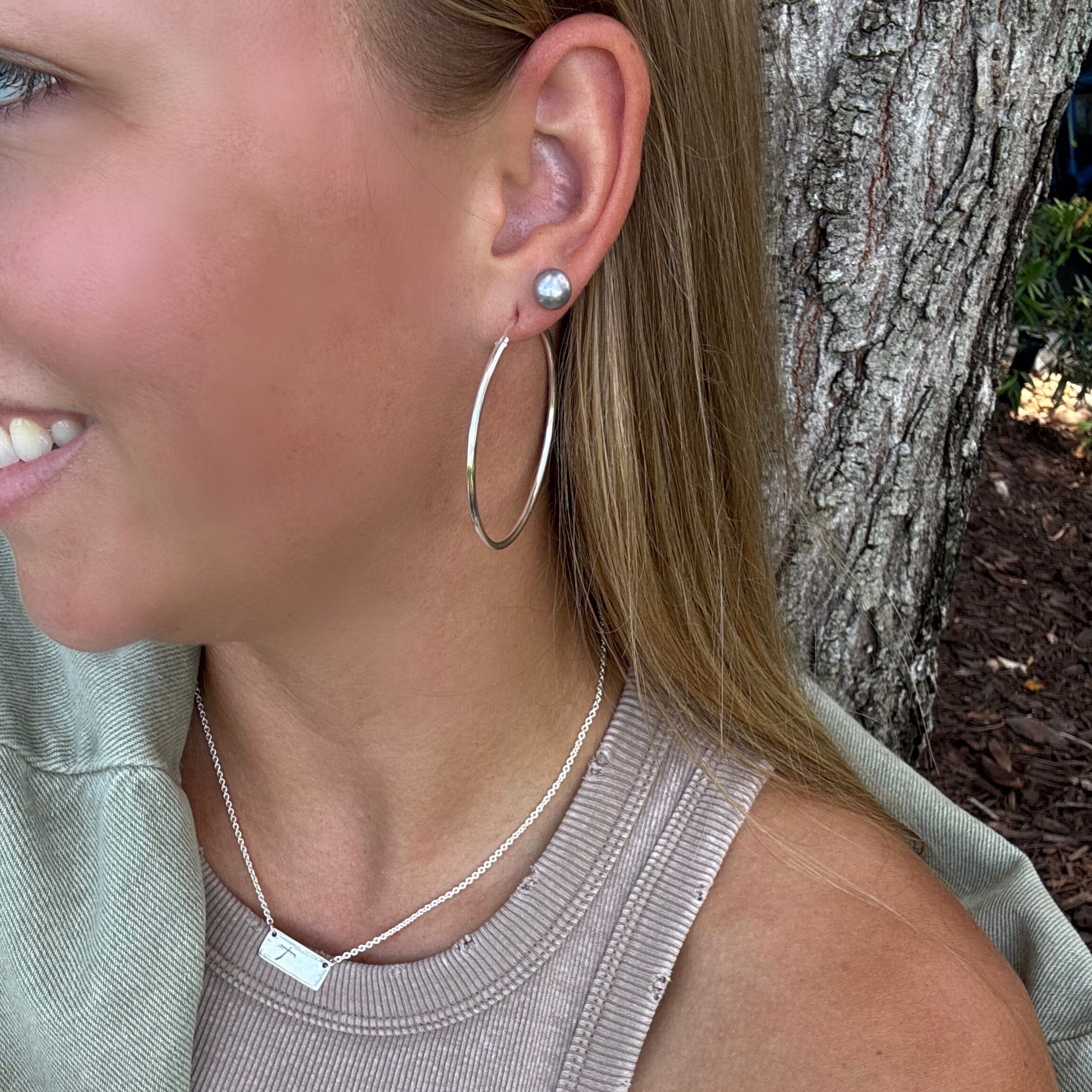 Moonlight shore earrings paired with simply the best earrings and the cross bar necklace