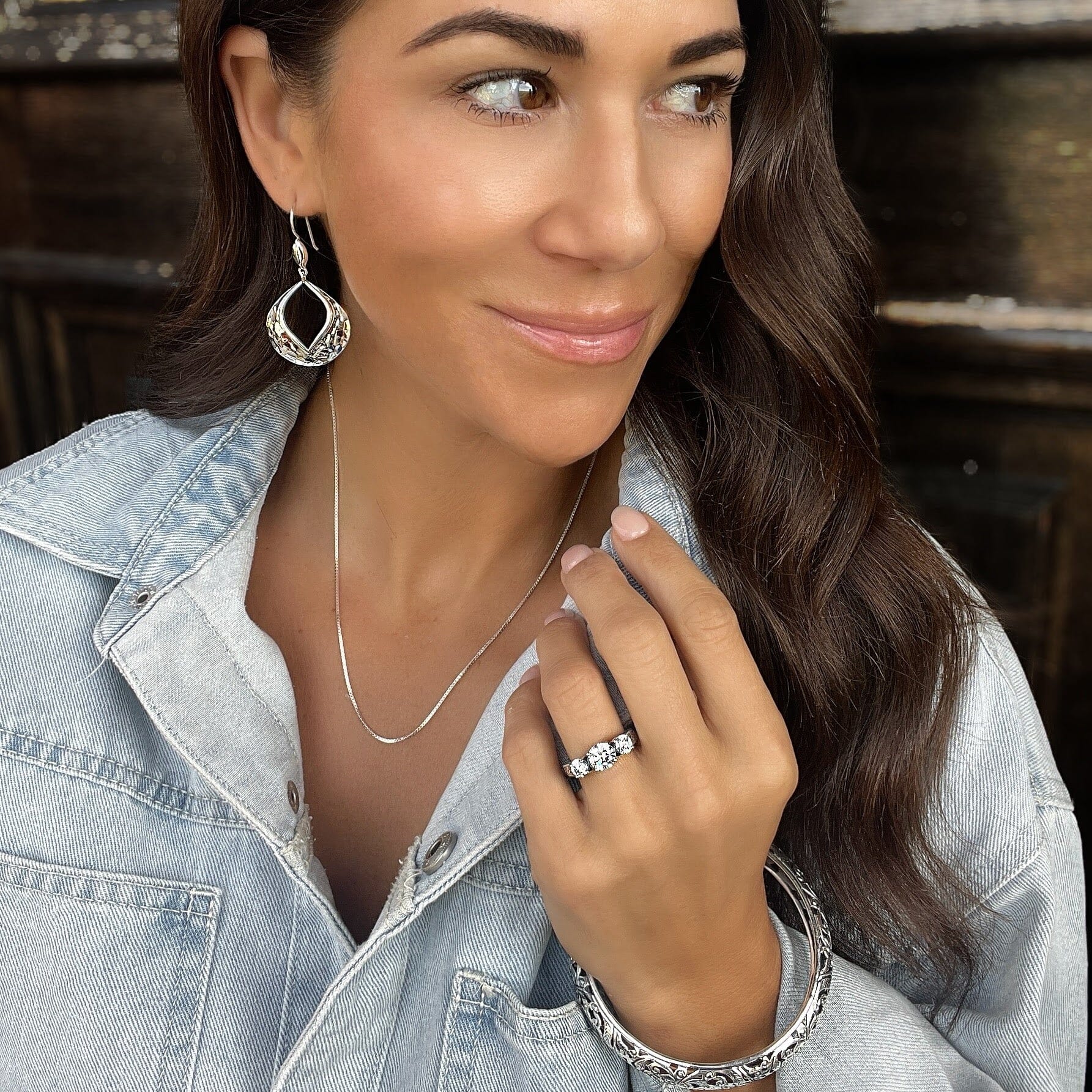 Morocco Meets Drama Earrings paired with Perfect Length Chain, Adelaide Ring, and Sterling Vineyard Bangle