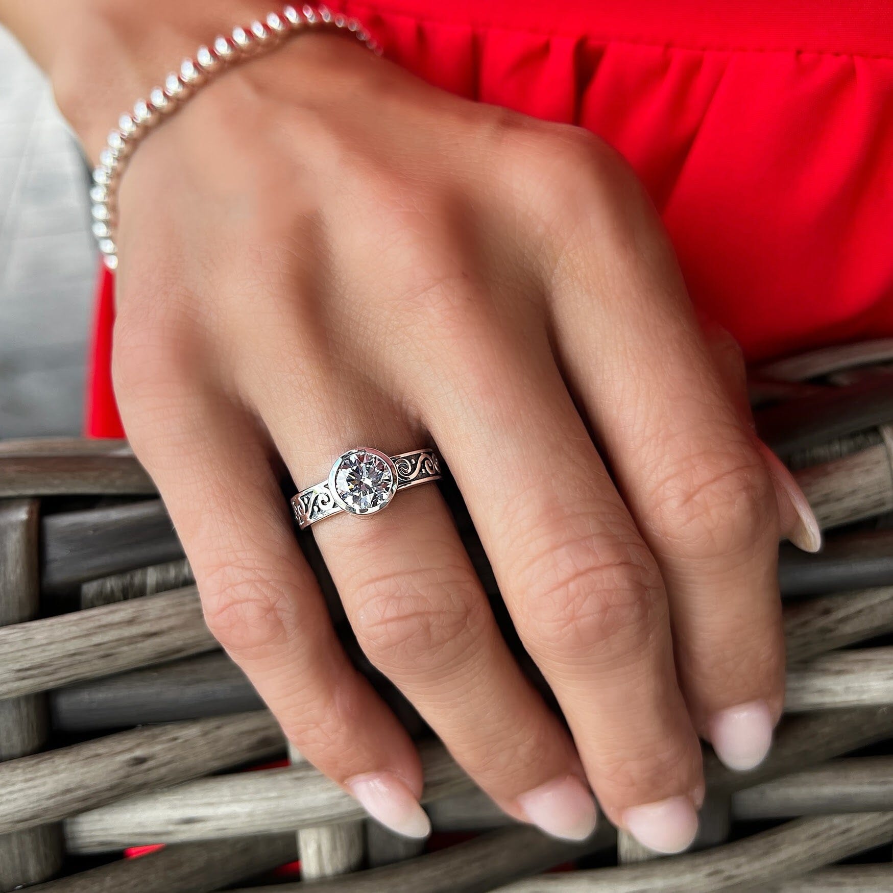 solitaire style ring in sterling silver with a swirl band design - My Turn ring