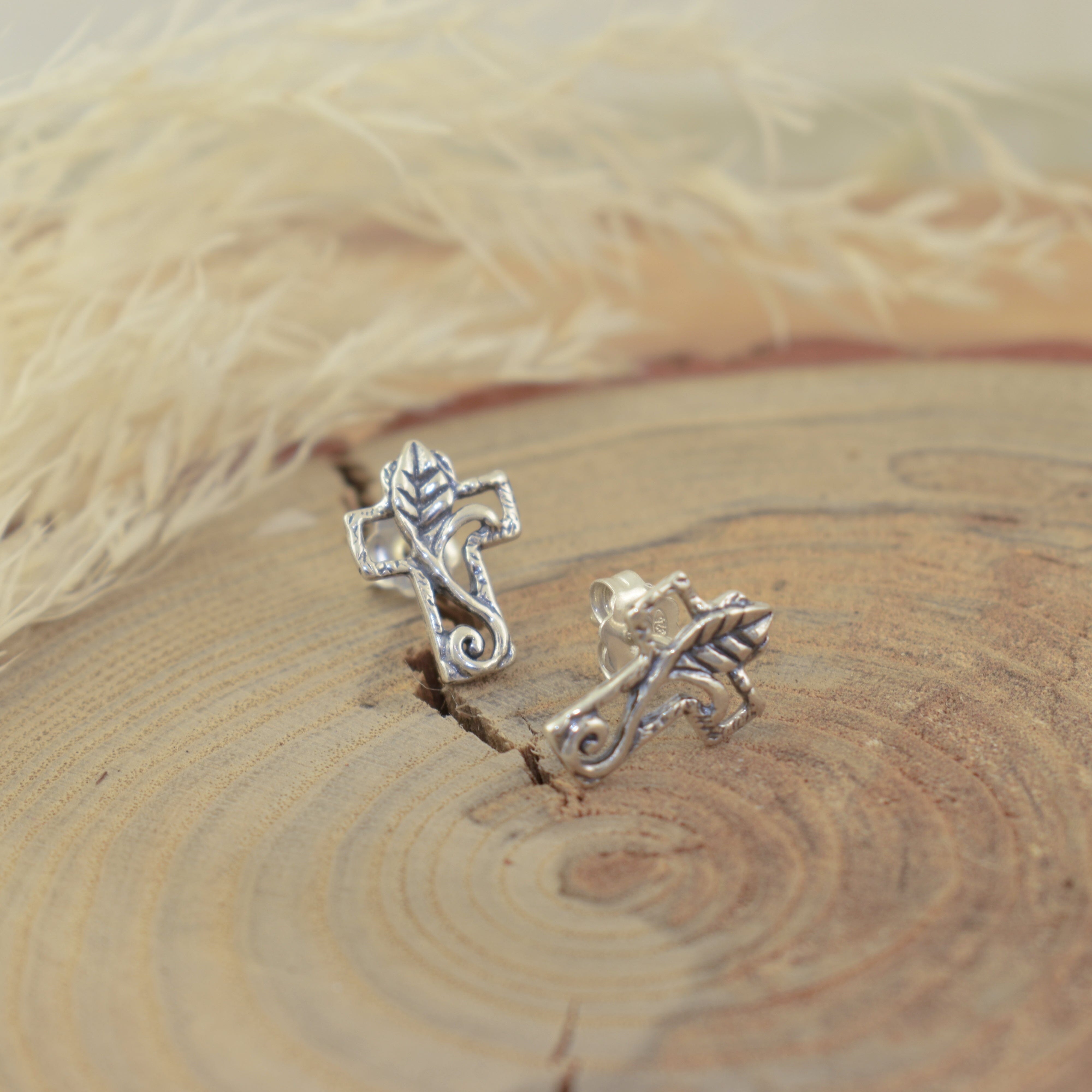 .925 sterling silver cross earrings with organic leaf design