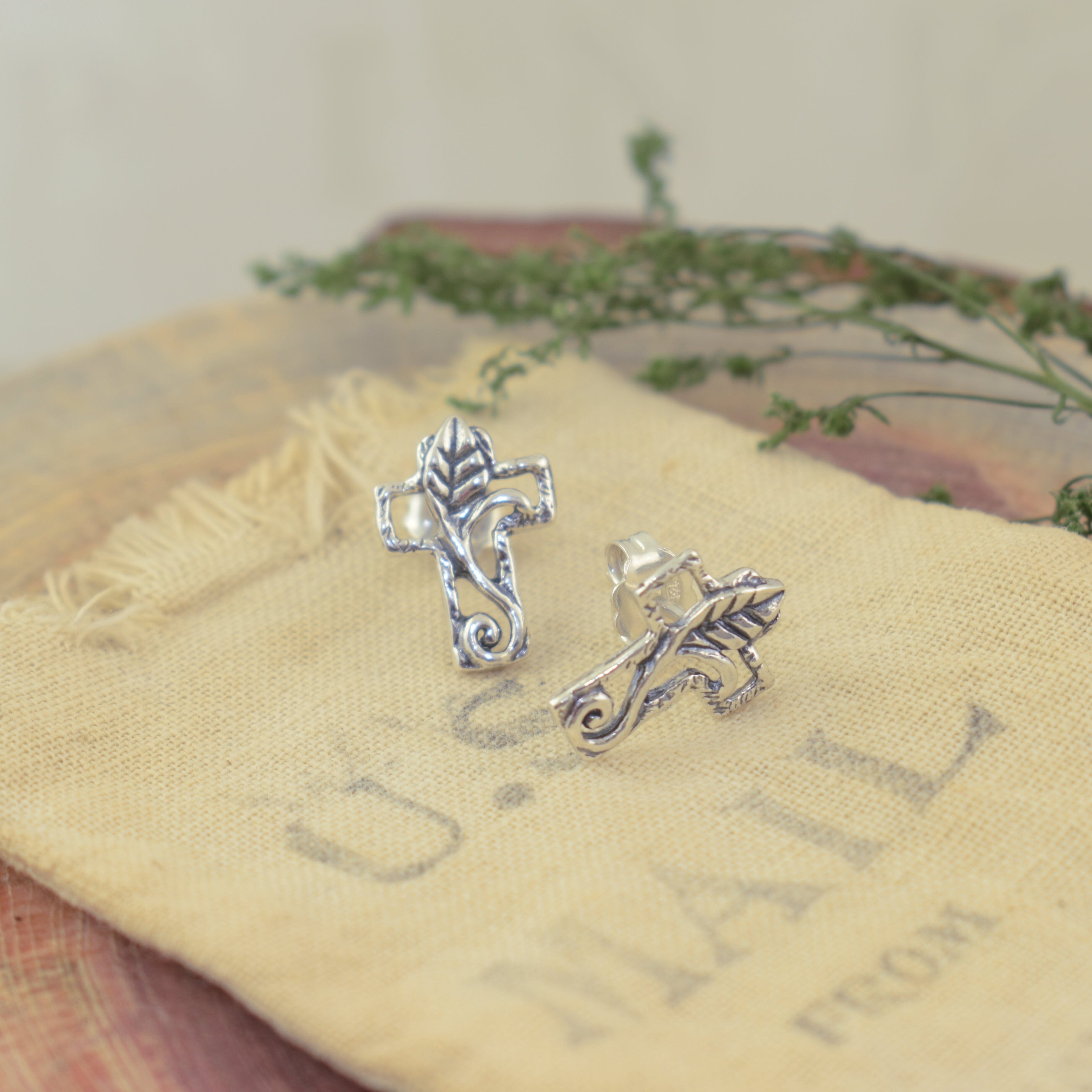 Christian-inspired sterling silver cross push-back post earrings