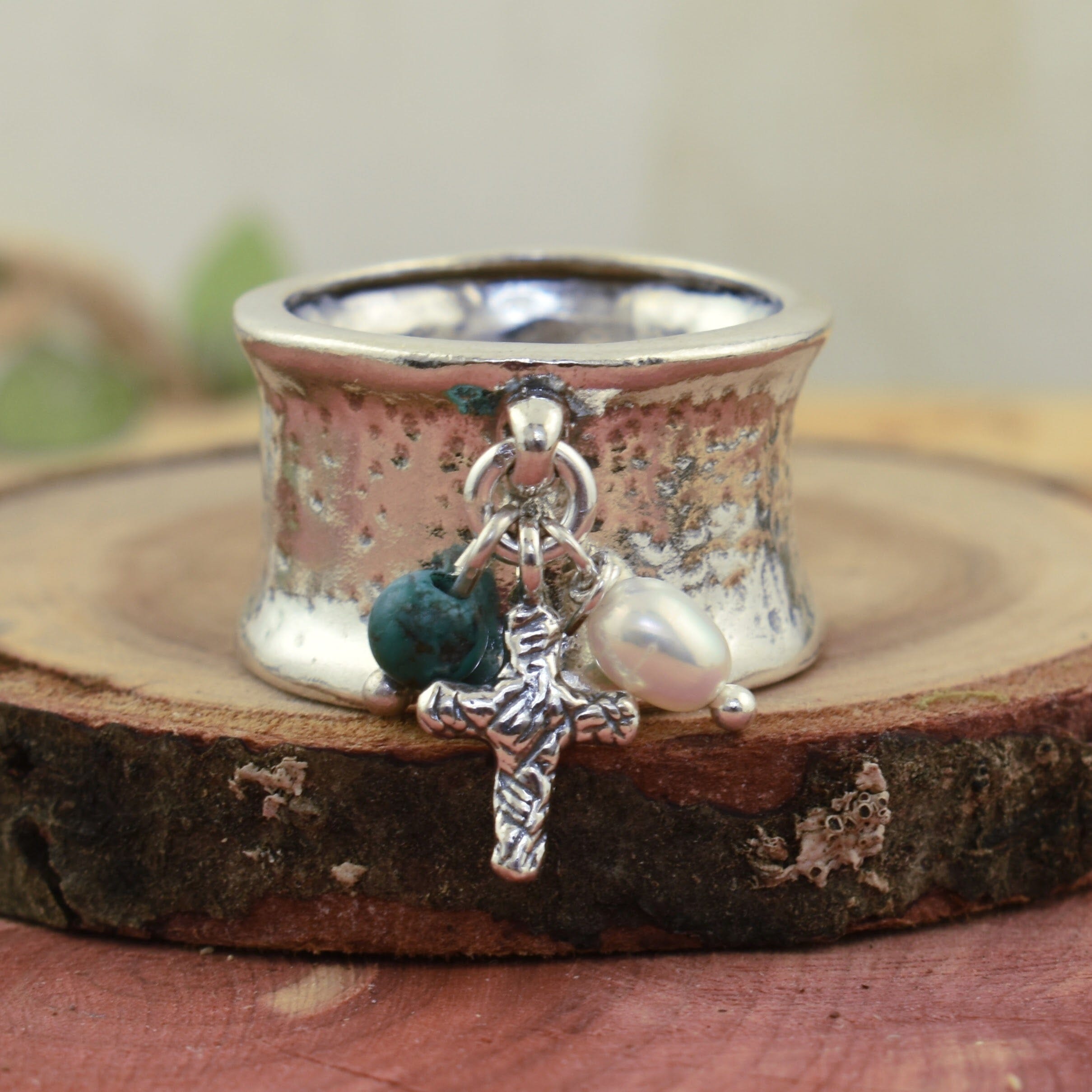 .925 sterling silver ring with turquoise, cross, and freshwater pearl dangles