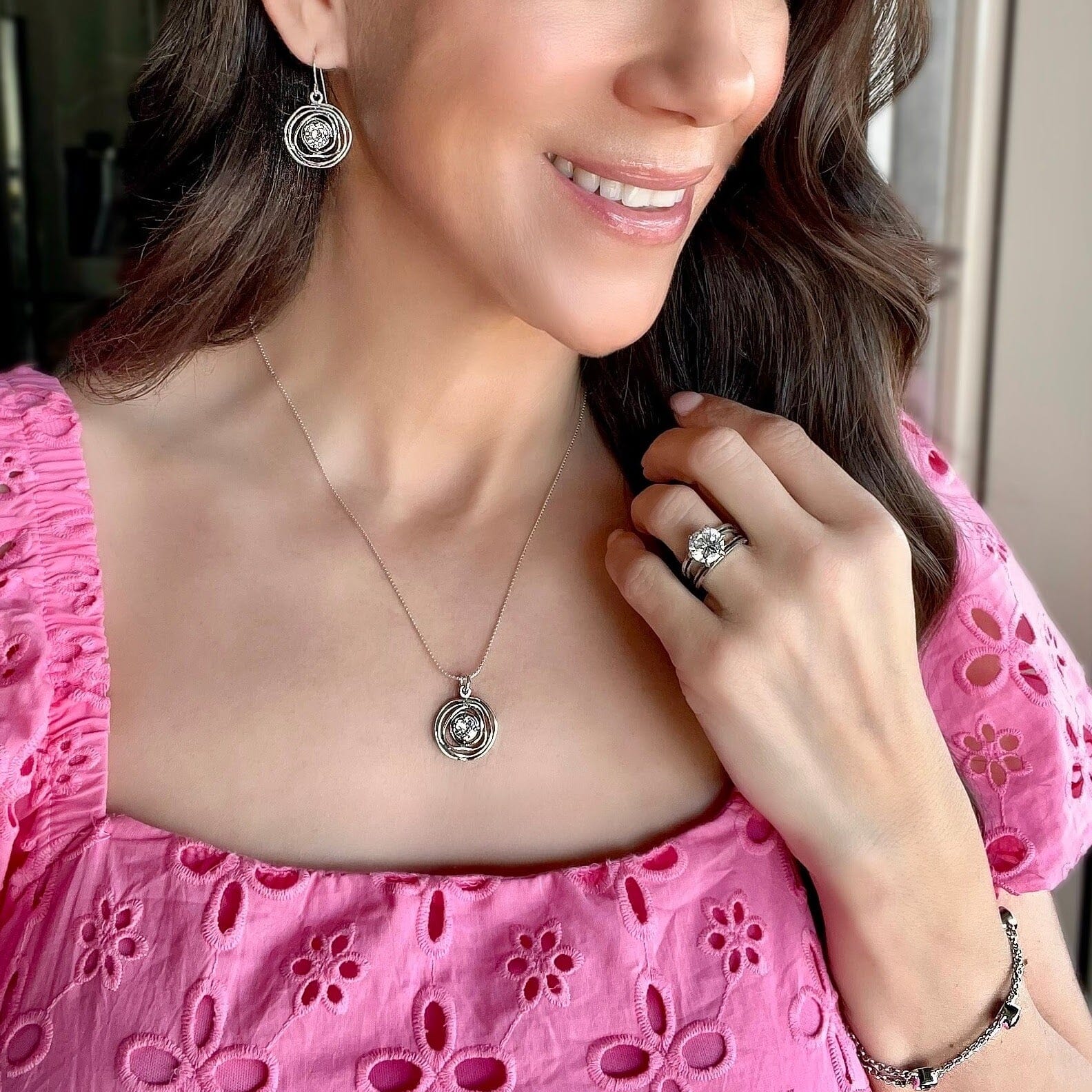 New Crown Jewel matching necklace and earrings paired with silver cz jewelry