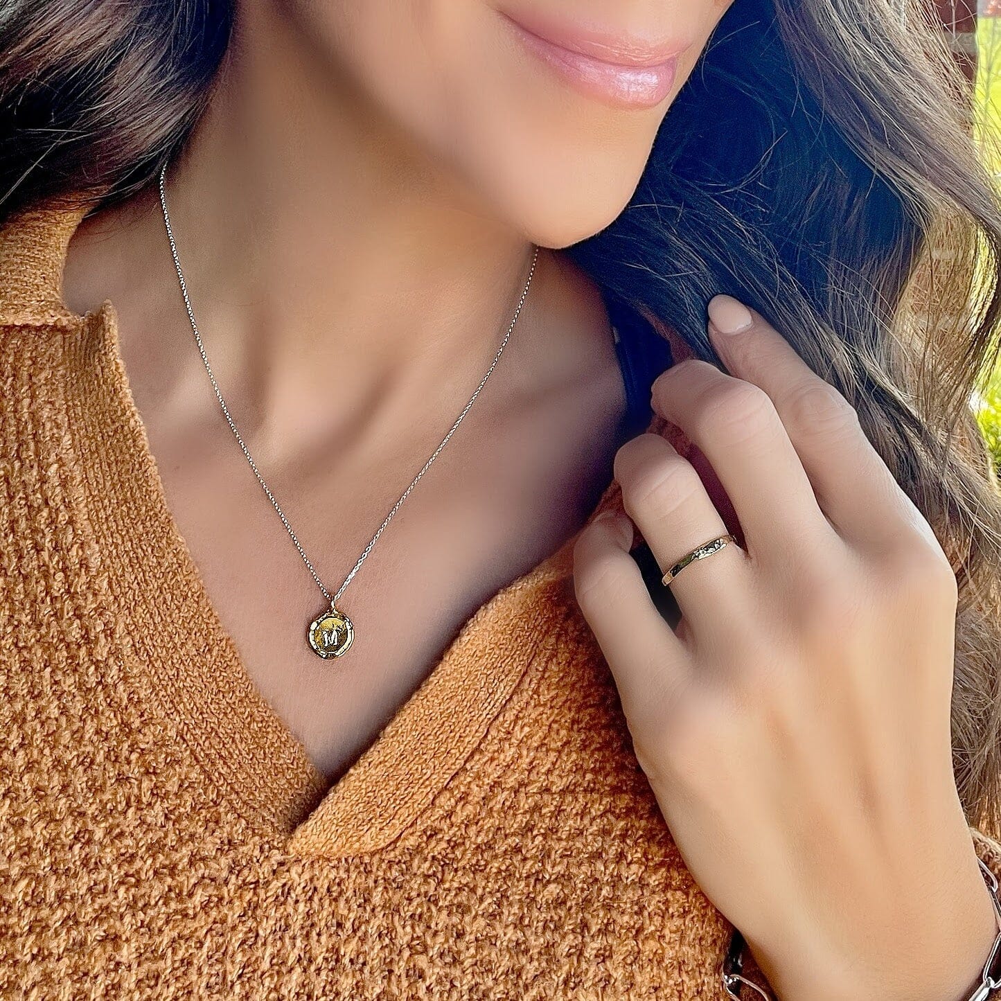 New day necklace paired with the organic gold stack ring