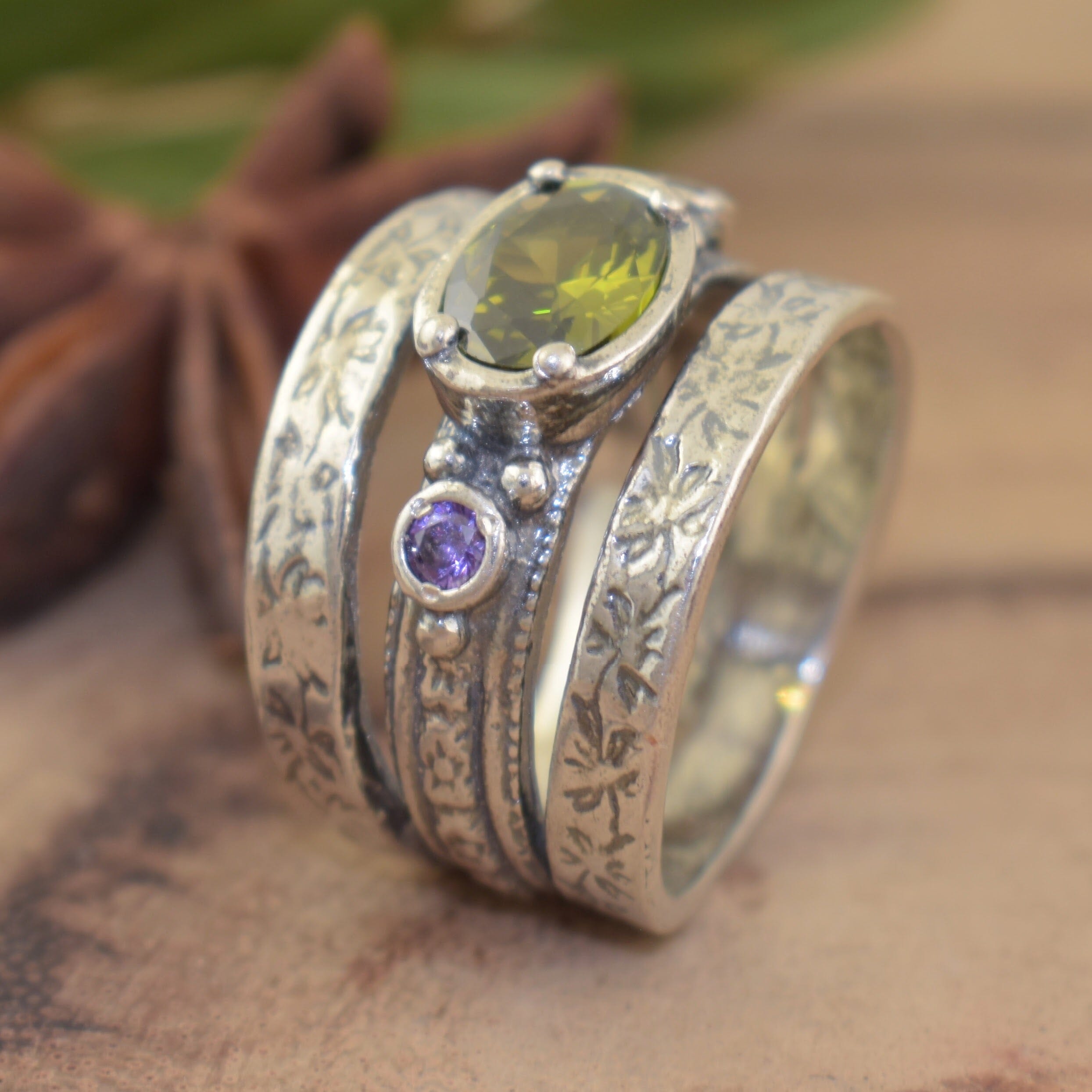 Olive and Orchid sterling ring with three bands