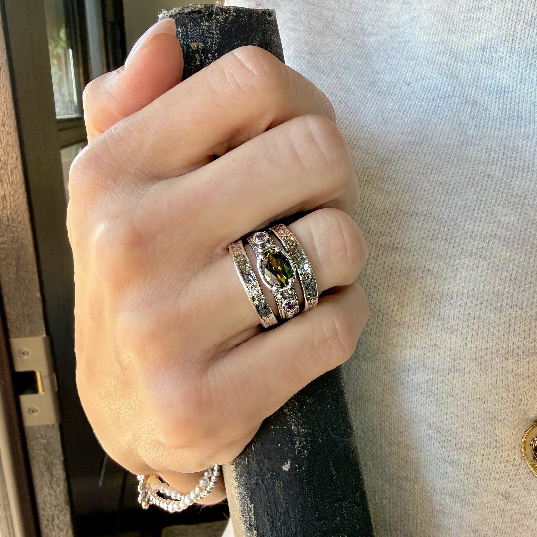 green and purple stone ring