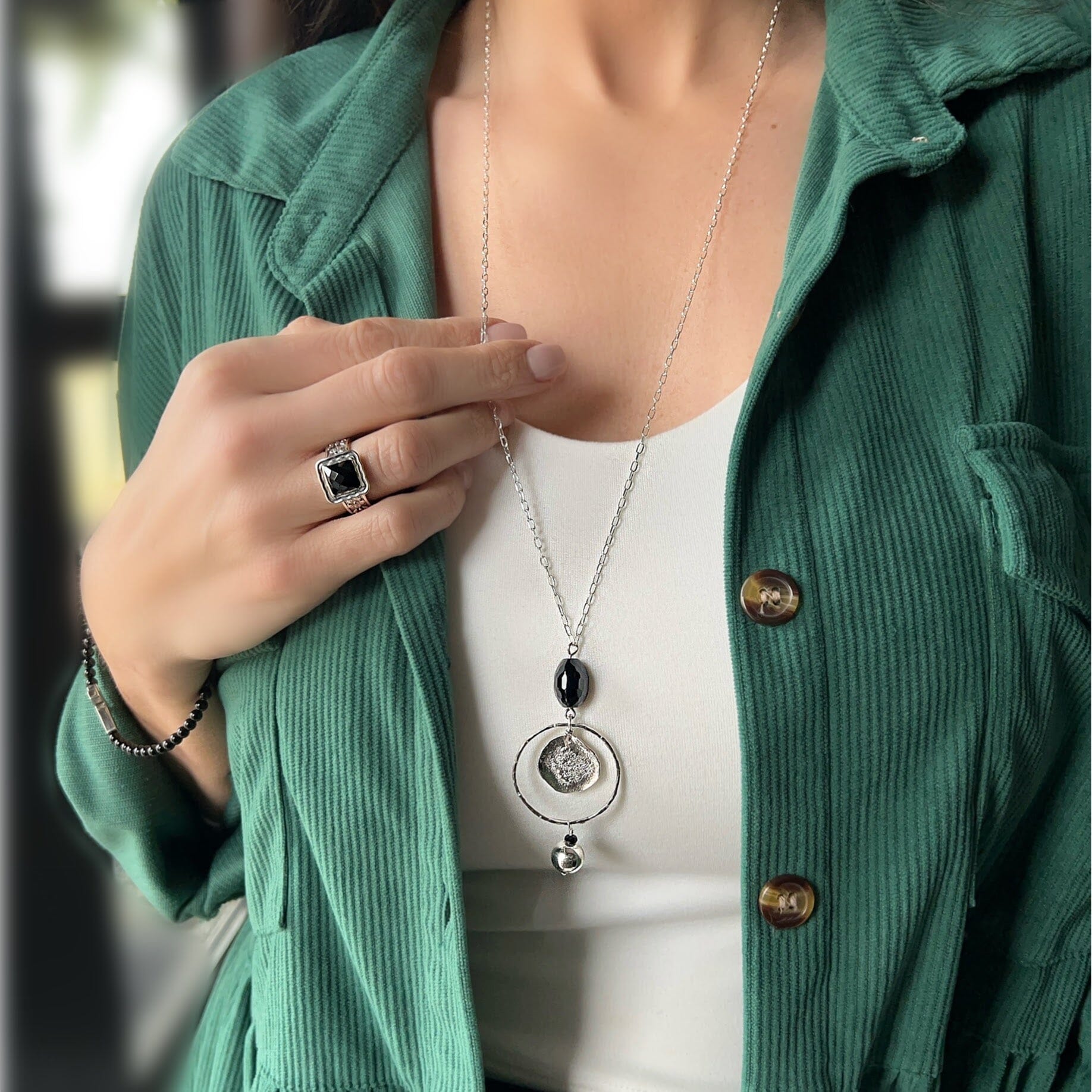 sterling silver jewelry On Pitch necklace, Evening affair ring and beaded cross bracelet