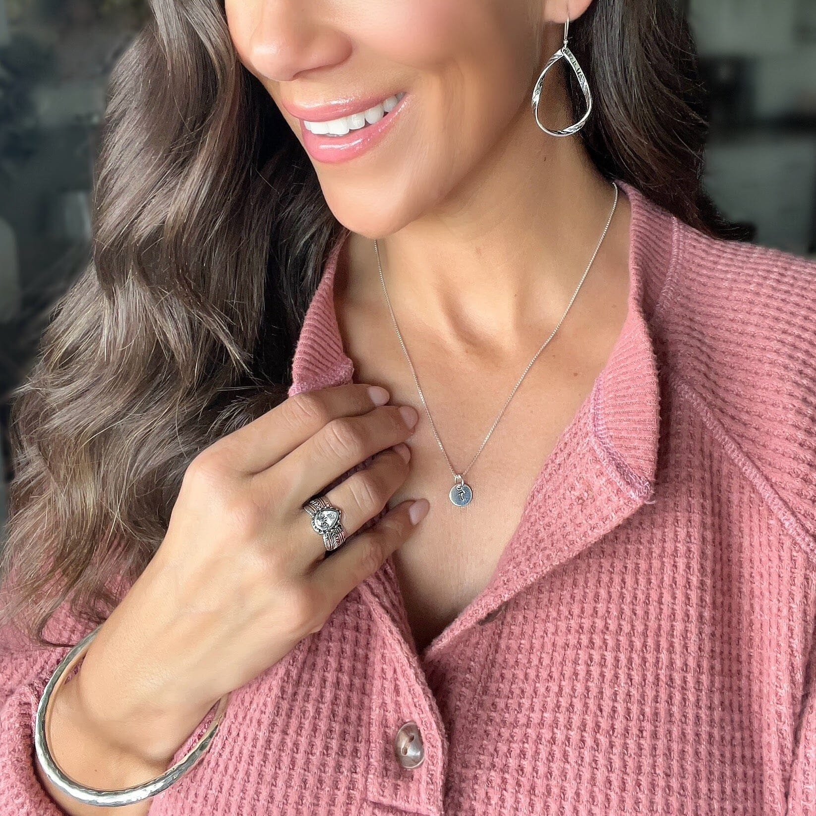 On The Go Ring paired with Artistry Earrings, Initial It Necklace, and Essentials Bangle