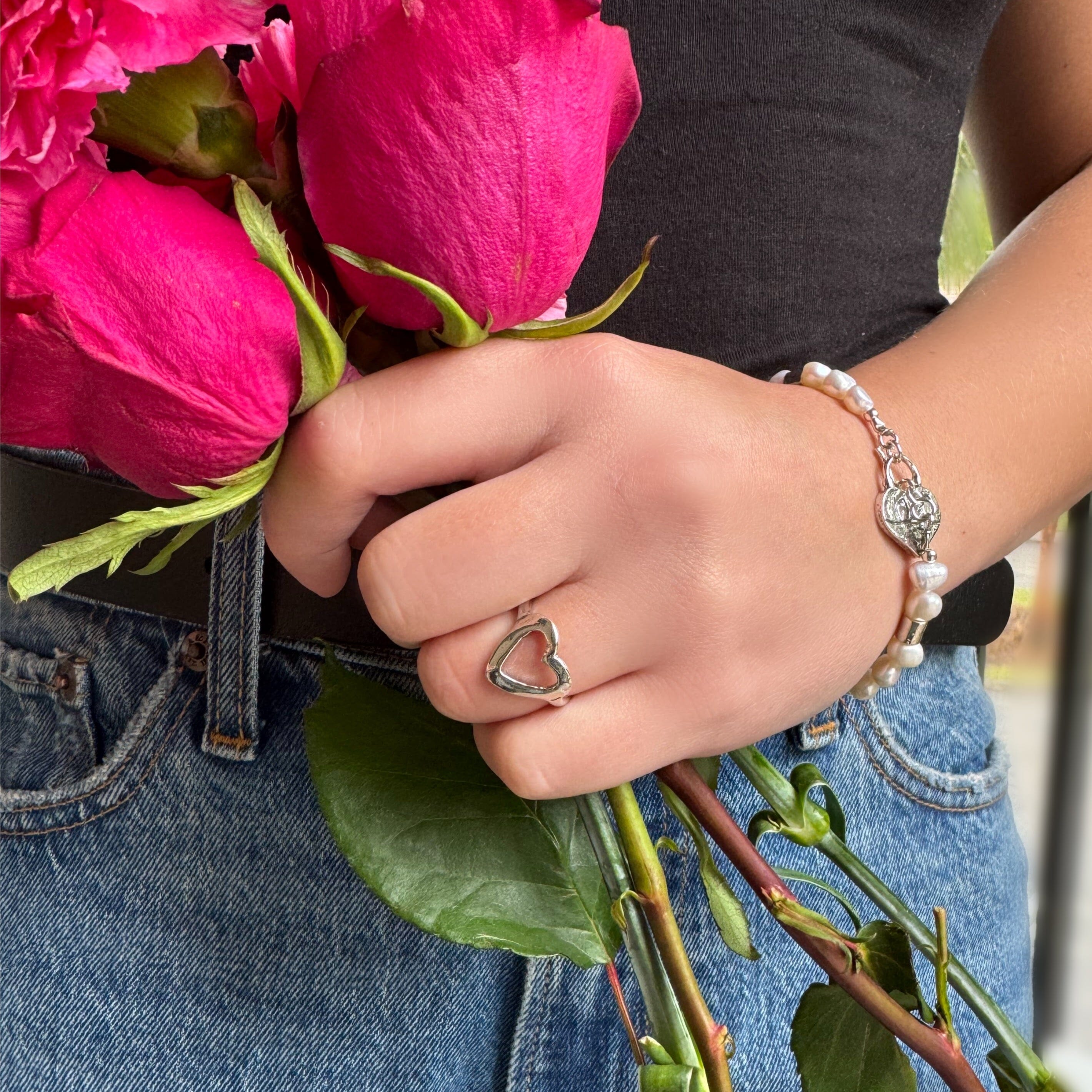 sterling silver ring cut out heart with the poetic pearl bracelet